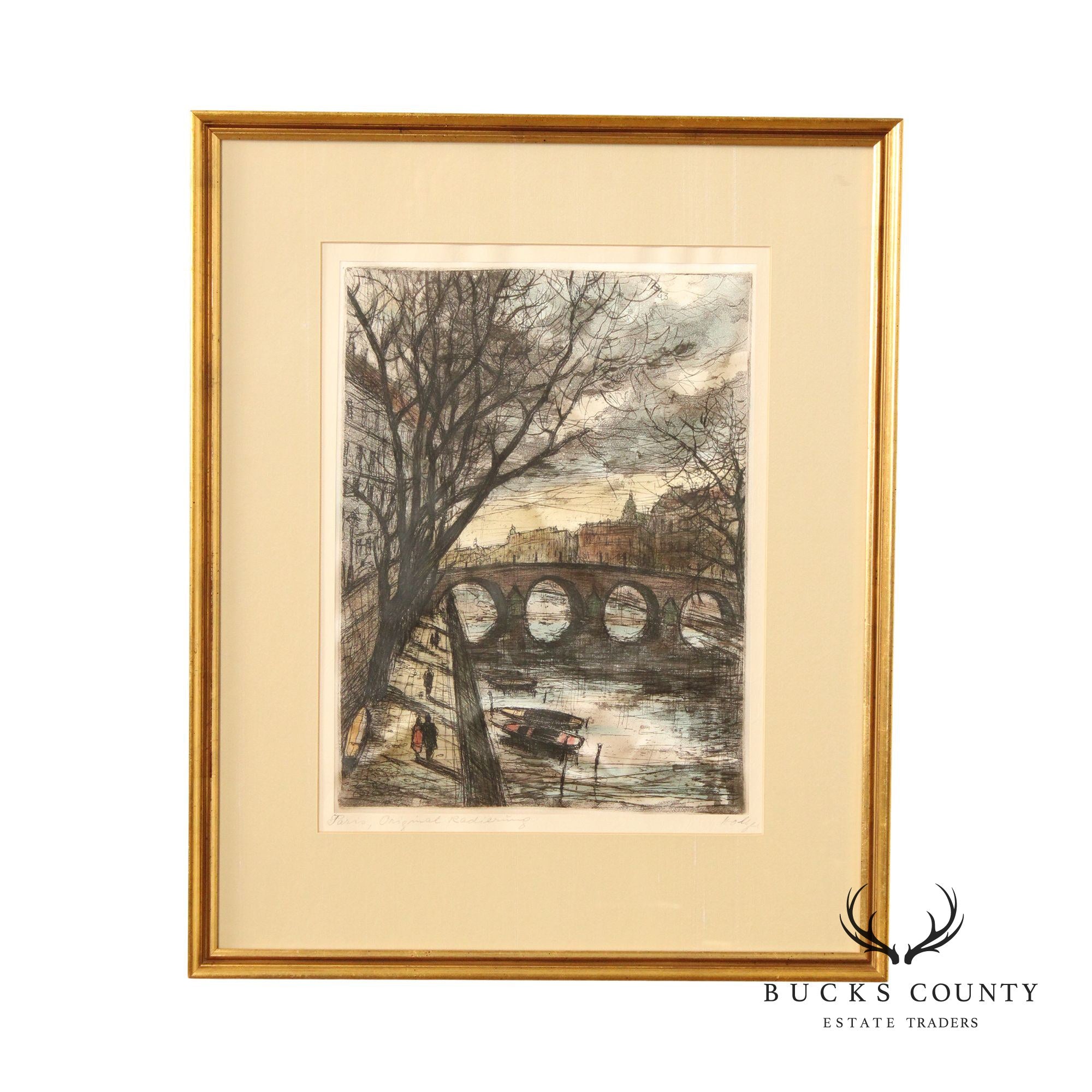 Vintage 20th C. 'Paris' Seine Colored Etching, Custom Framed