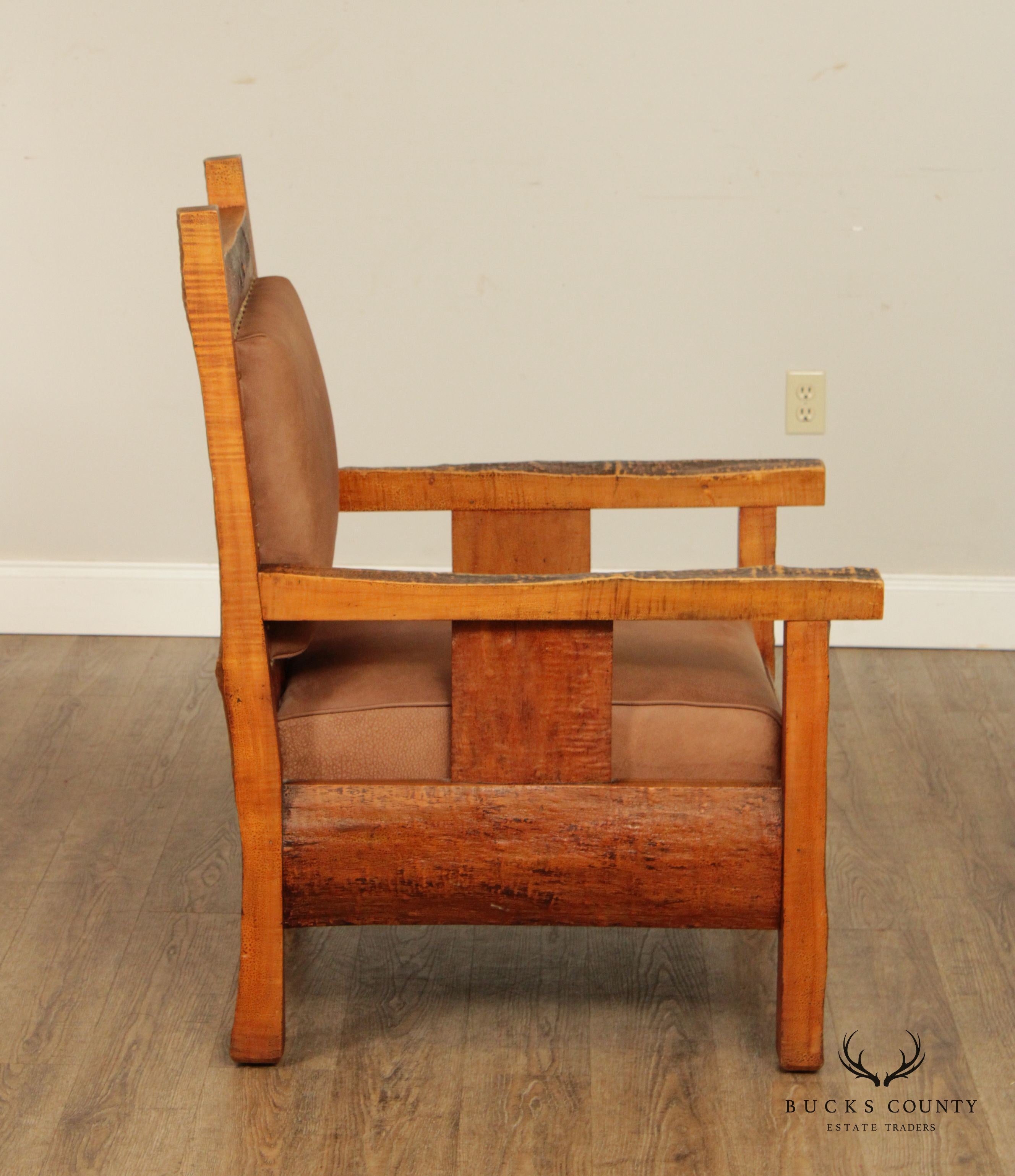 Antique Adirondack Tiger Maple and Leather Lounge Arm Chair