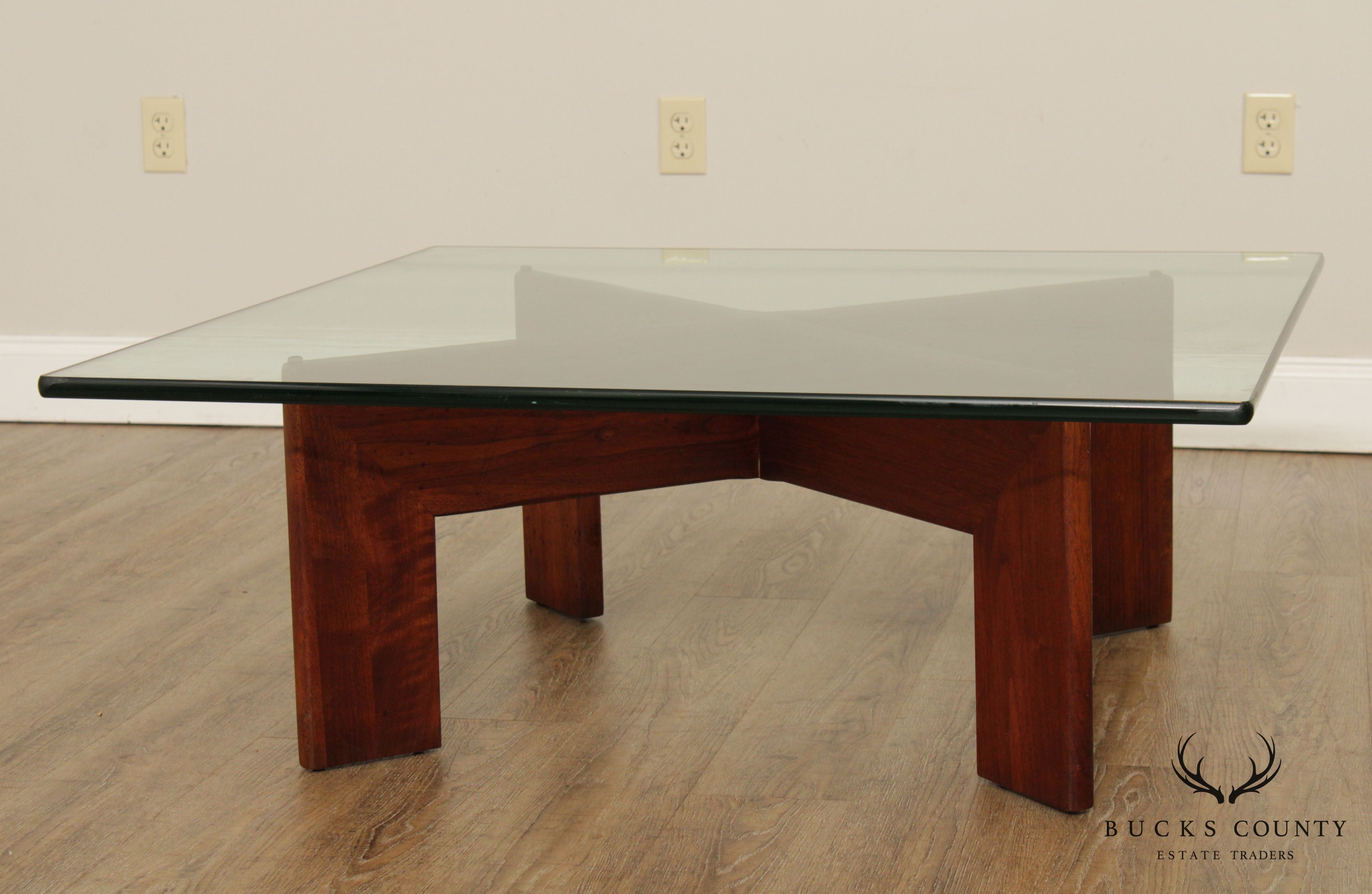Mid Century Modern Walnut Base Glass Top Coffee Table