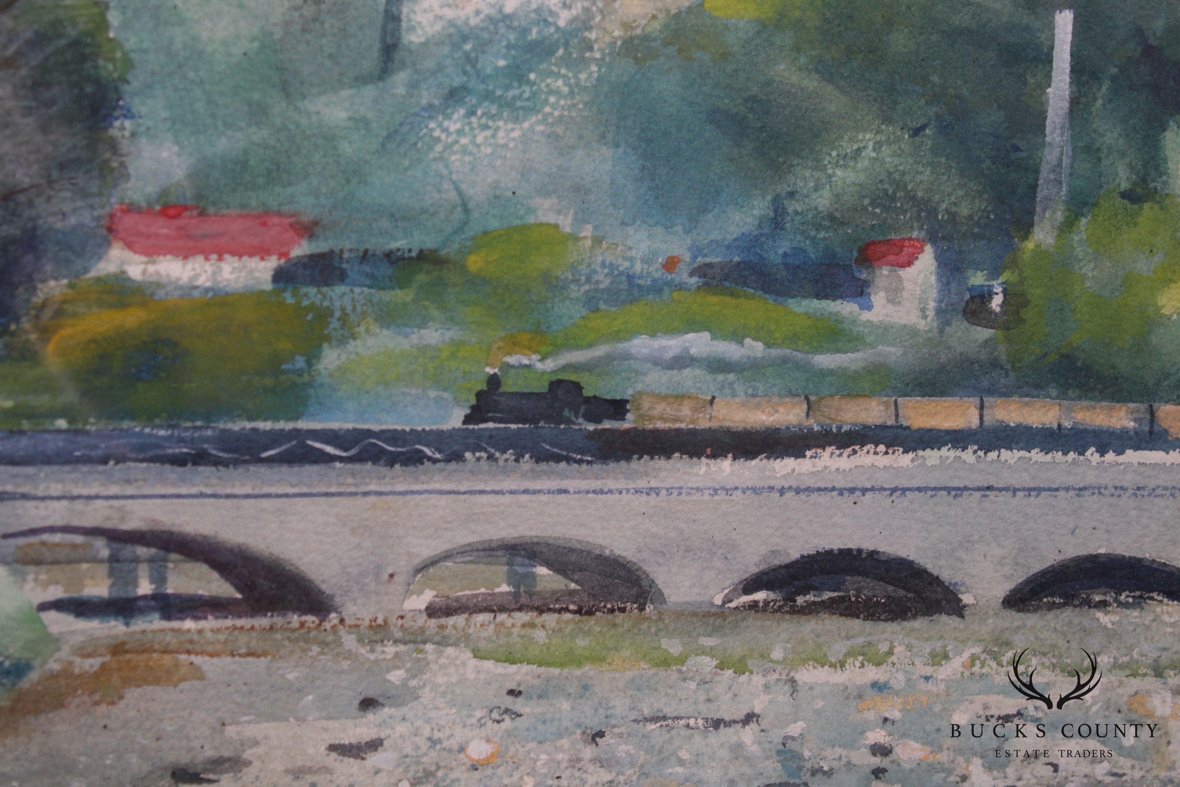 Charles Taylor Landscape with Bridge Watercolor Framed Painting