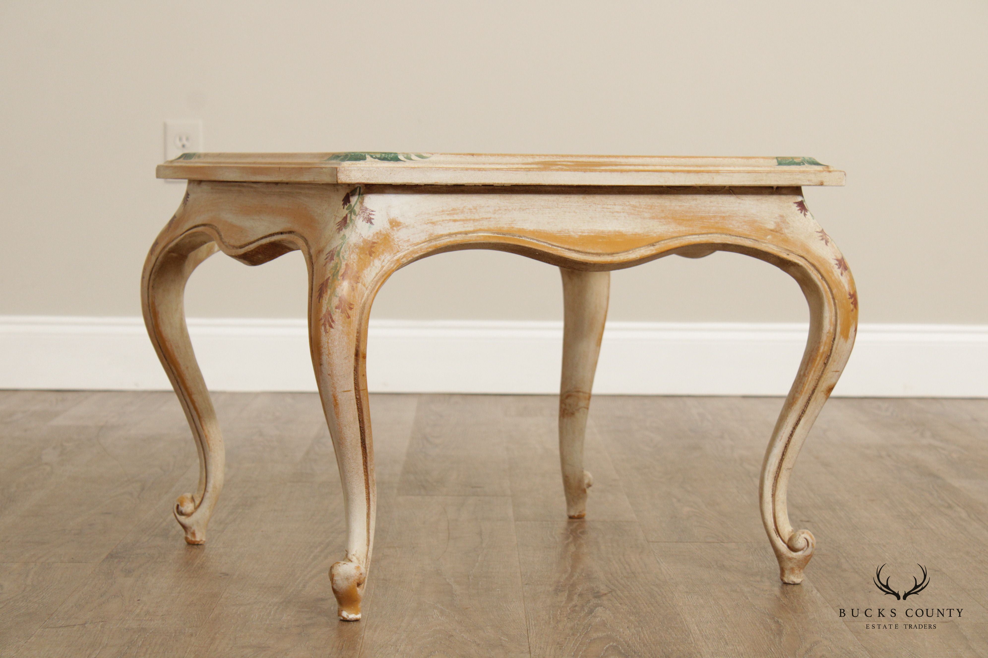 French Style Pair Paint Decorated Glass Top End Tables