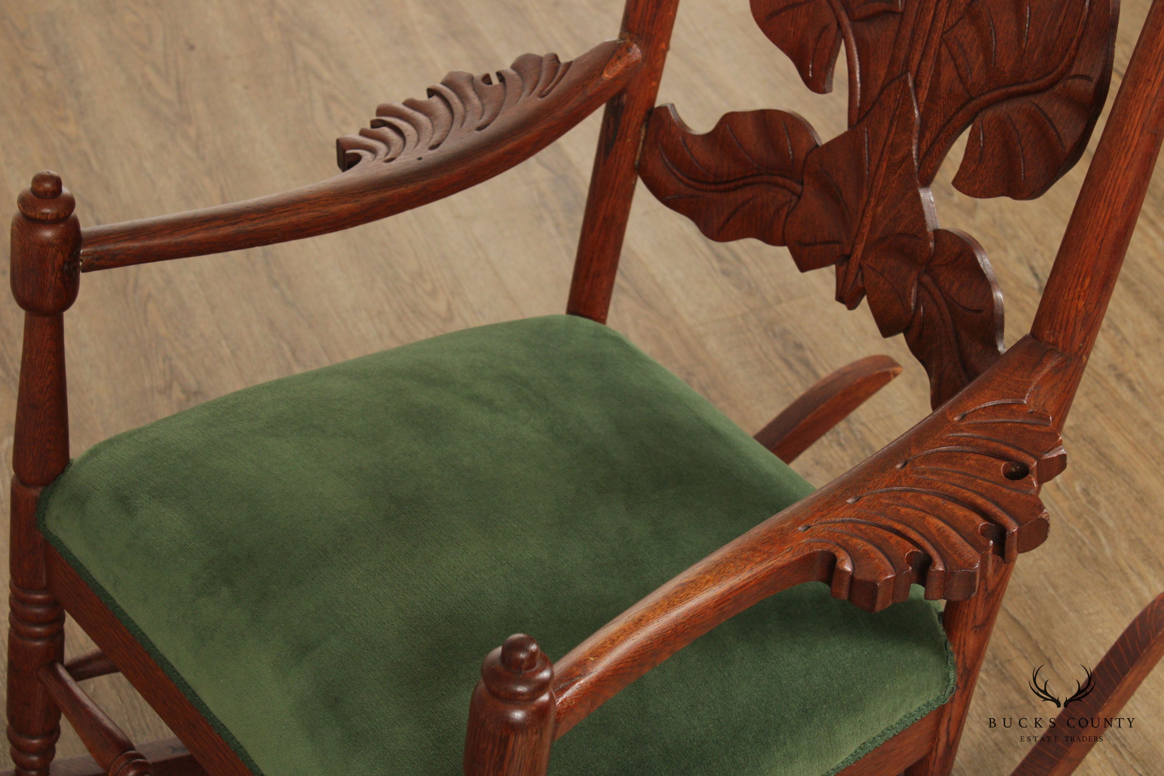 Art Nouveau Antique Peace Lily Carved Oak Rocking Chair