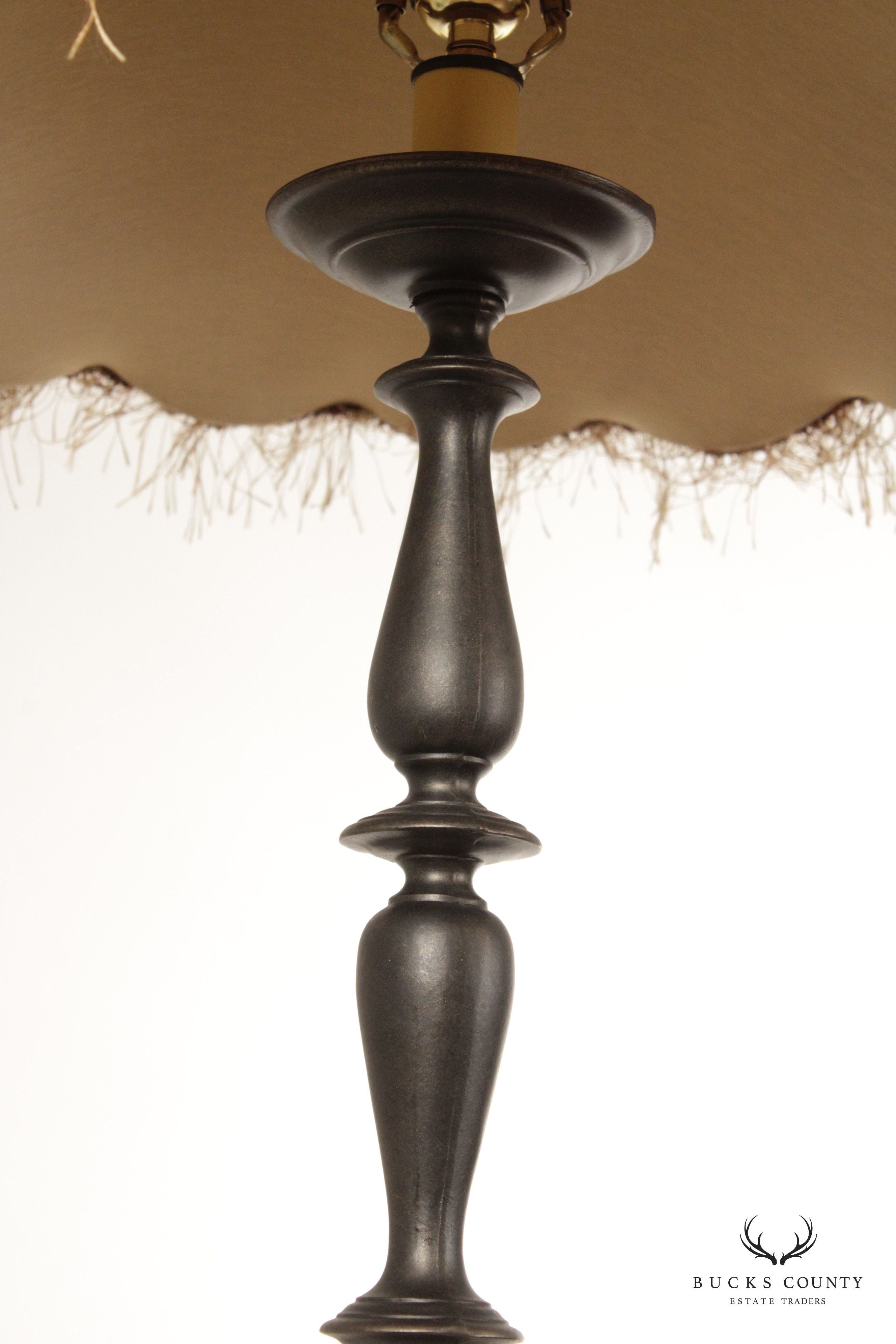 Baroque Style Pair Tall Cast Bronzed Metal Candlestick Lamps with Custom Feather Shades