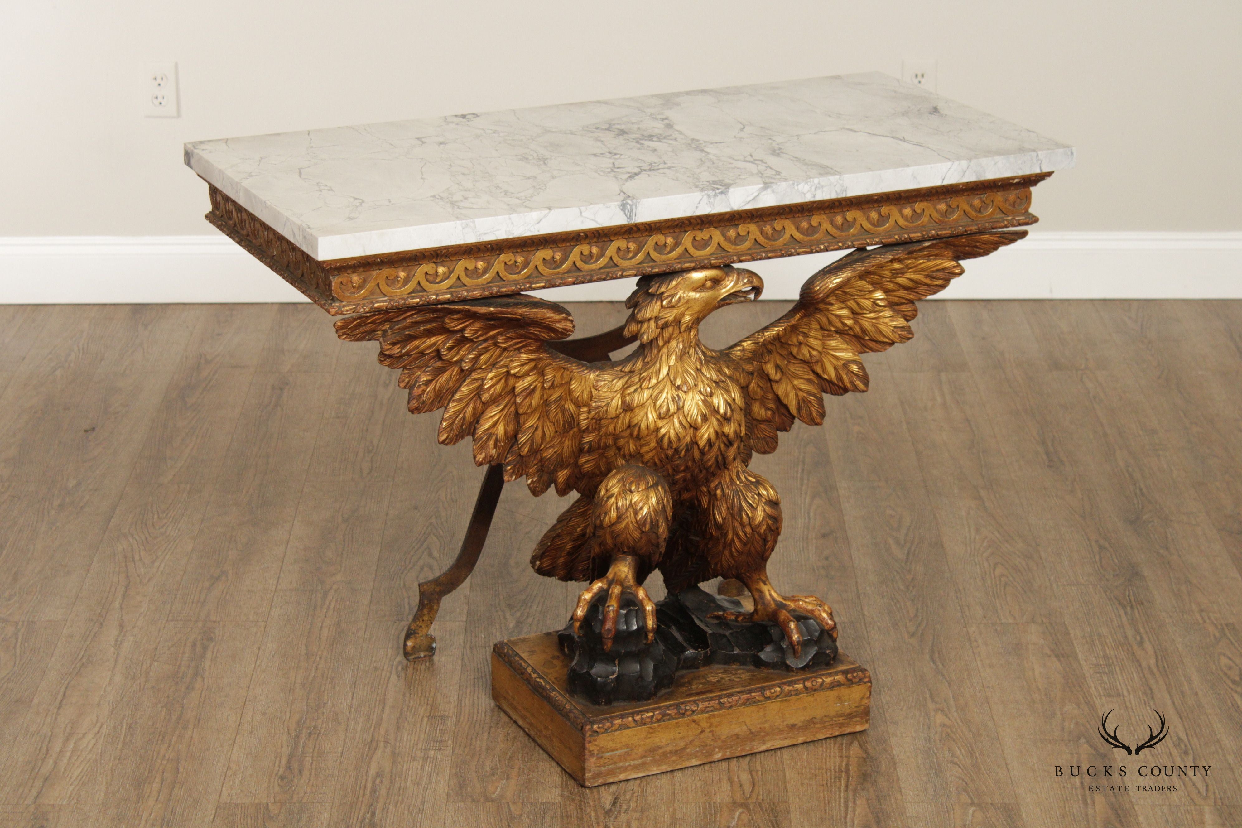 Regency George II Style Pair Giltwood Carved Eagle Marble Top Consoles