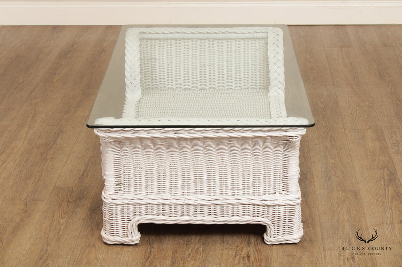 Henry Link Vintage White Wicker Glass Top Coffee Table