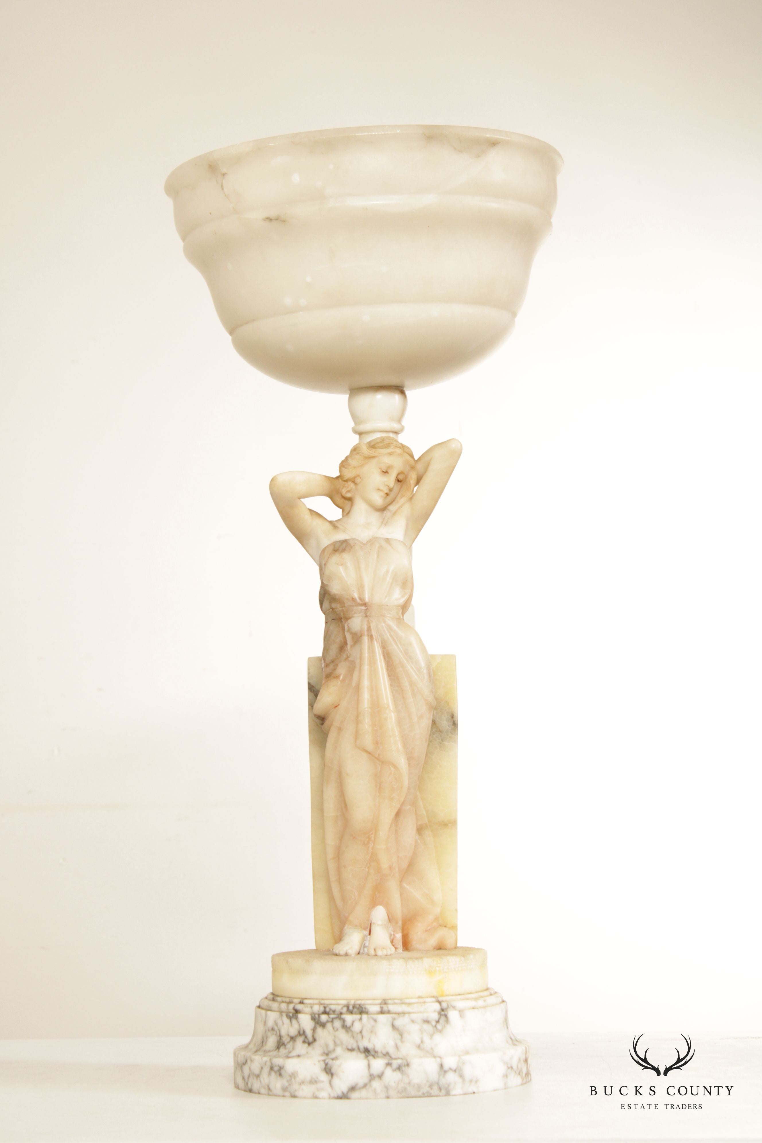 Antique Carved Alabaster 'Rebecca at the Well' Table Lamp