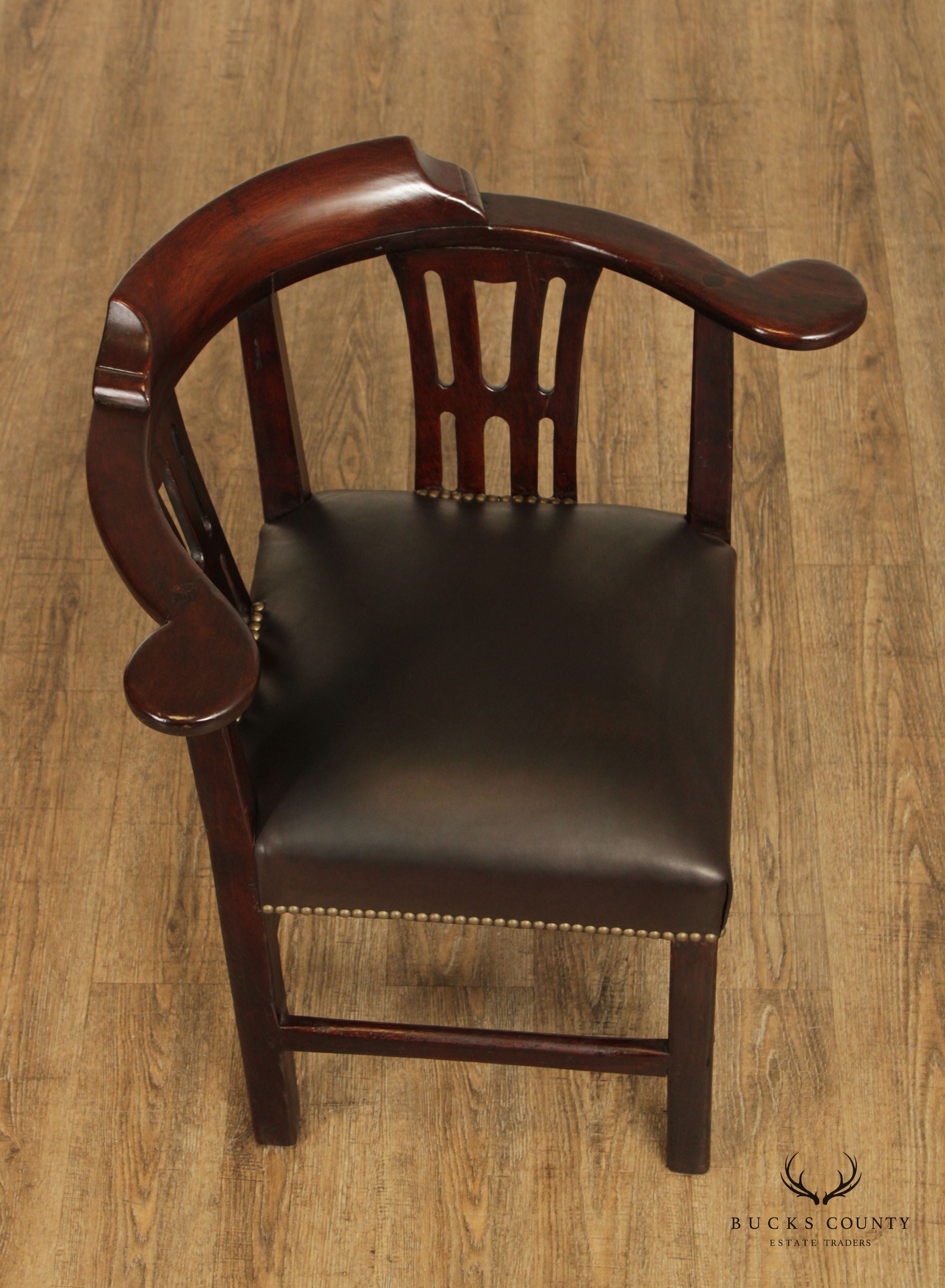 Antique 18th Century English Chippendale Style Pair of Mahogany and Leather Corner Chairs