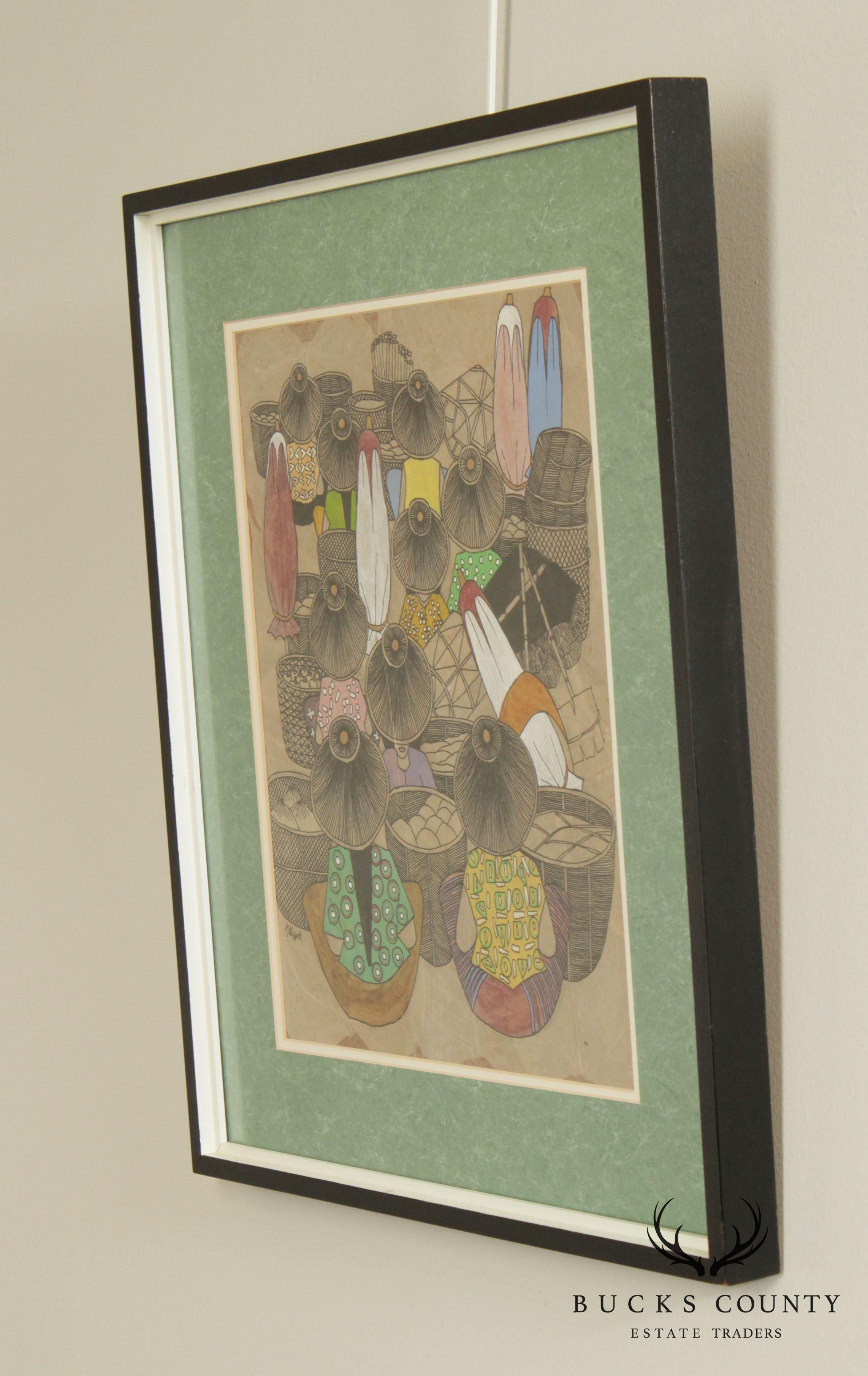 Vintage Thailand Market Original Mixed Media Drawing, Signed