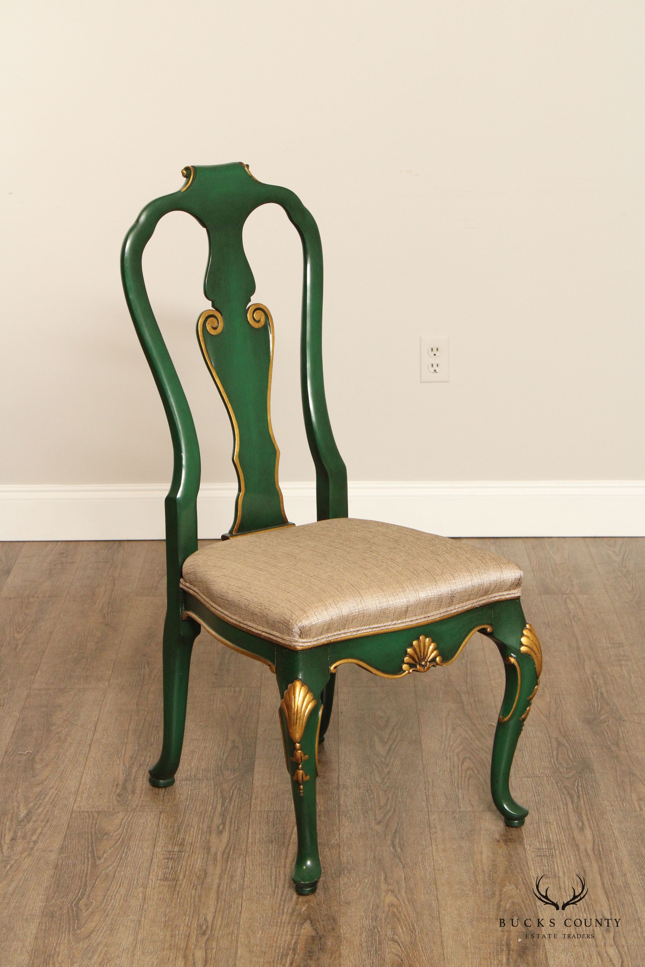 KARGES ROCOCO STYLE GREEN AND GOLD SET OF 12 DINING CHAIRS