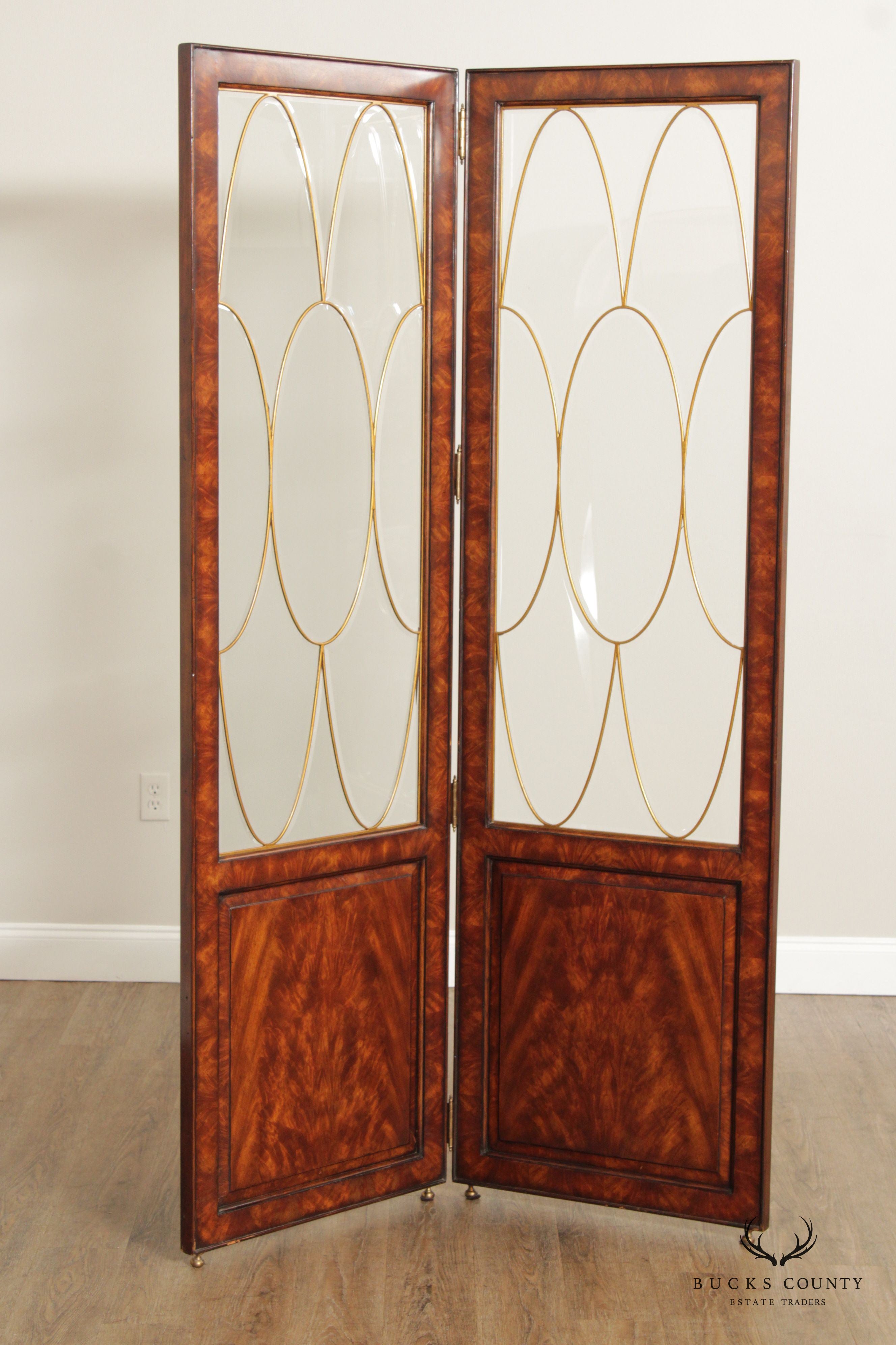 Theodore Alexander Mahogany and Glass Two Panel Room Divider