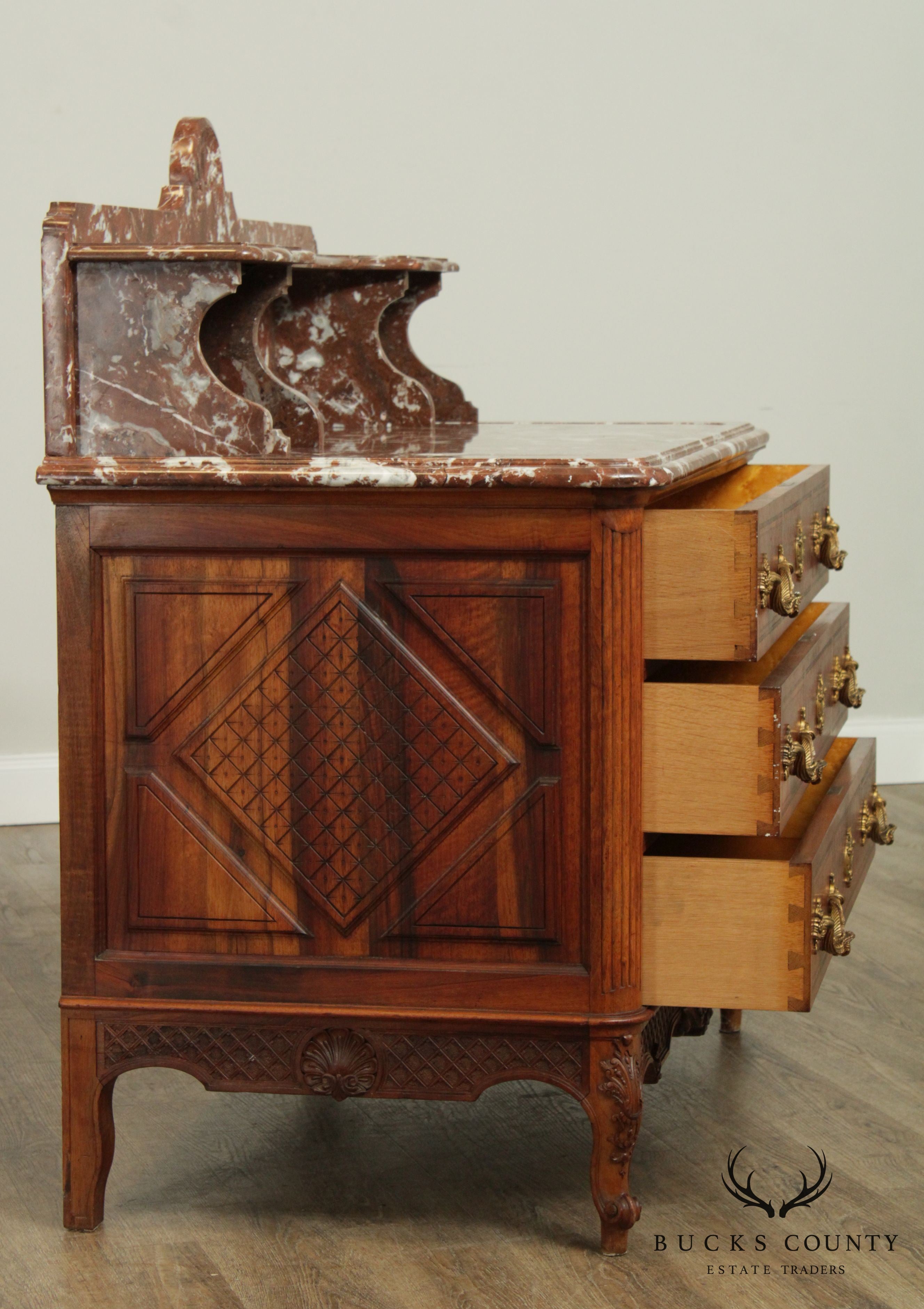 Fine Antique French Louis XV Walnut Marble Top Parquetry Inlaid Commode Wash Stand