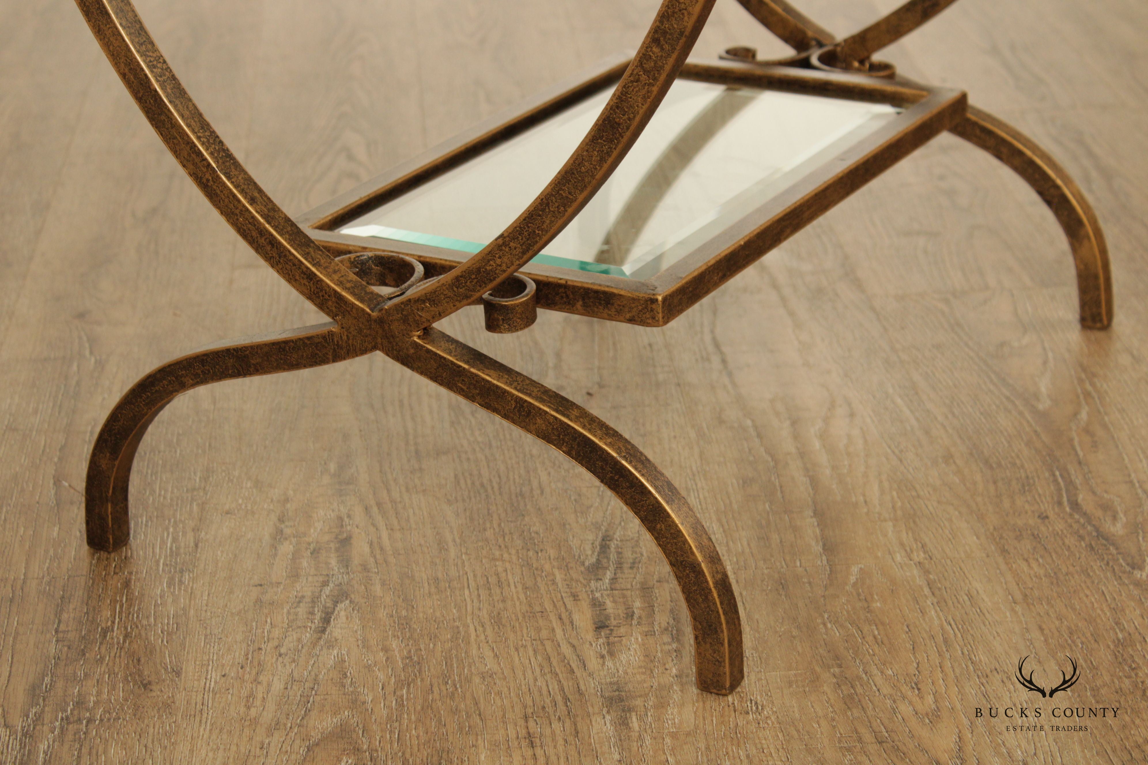 Hollywood Regency Style Wrought Iron and Glass Two Tier Side Table