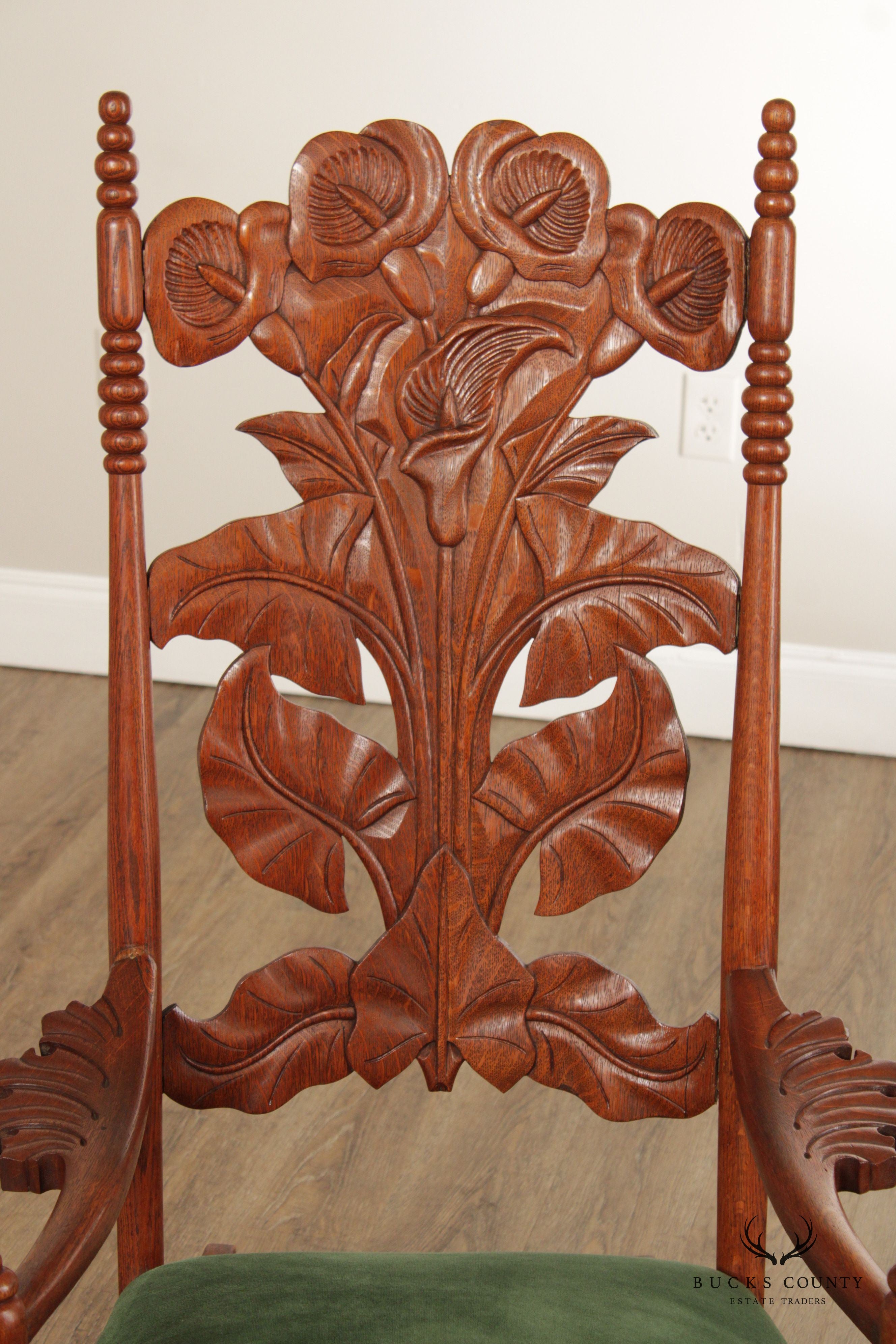 Art Nouveau Antique Peace Lily Carved Oak Rocking Chair