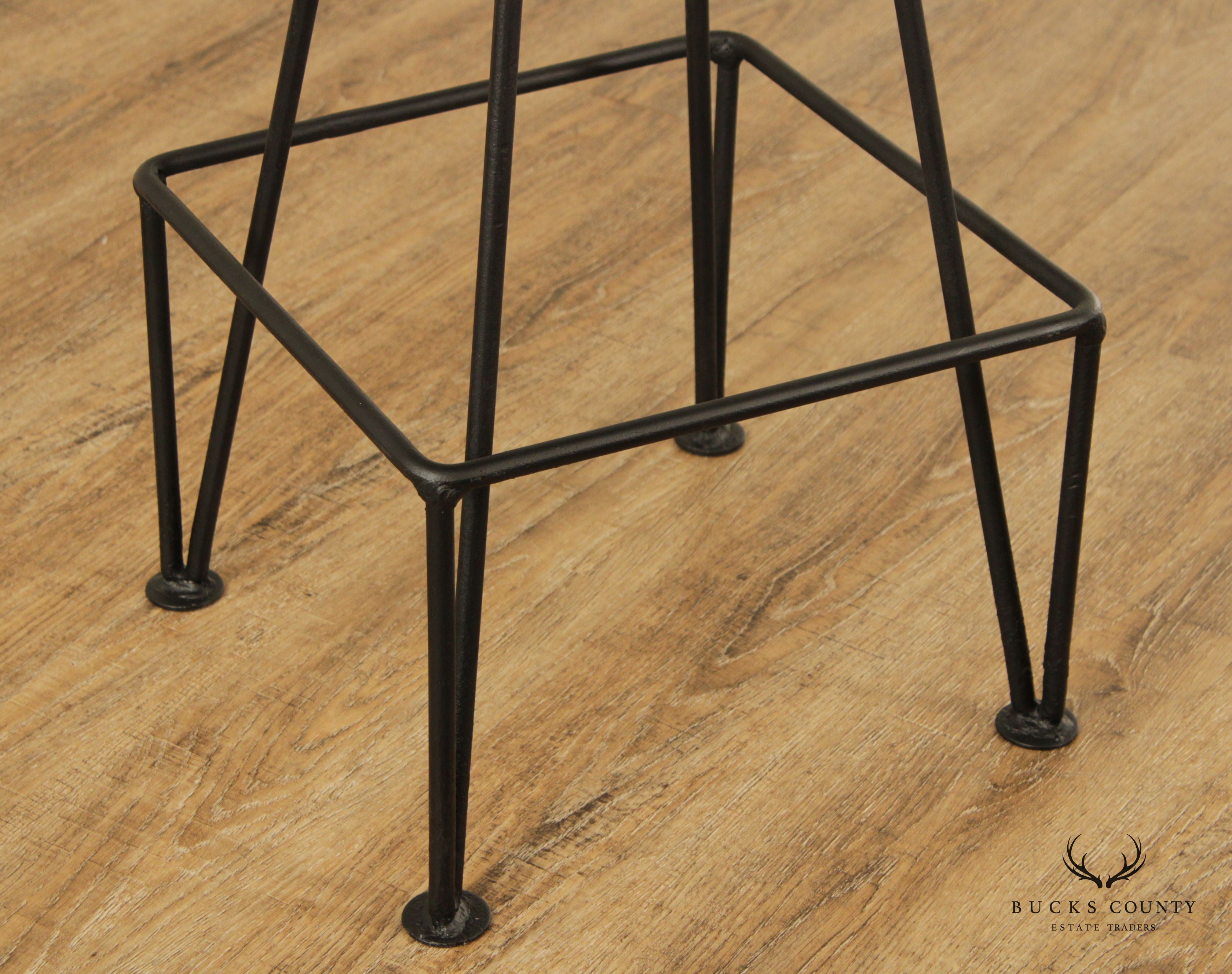 Industrial Midcentury Modern Style Wrought Iron & Wood Drafting or Bar Stool