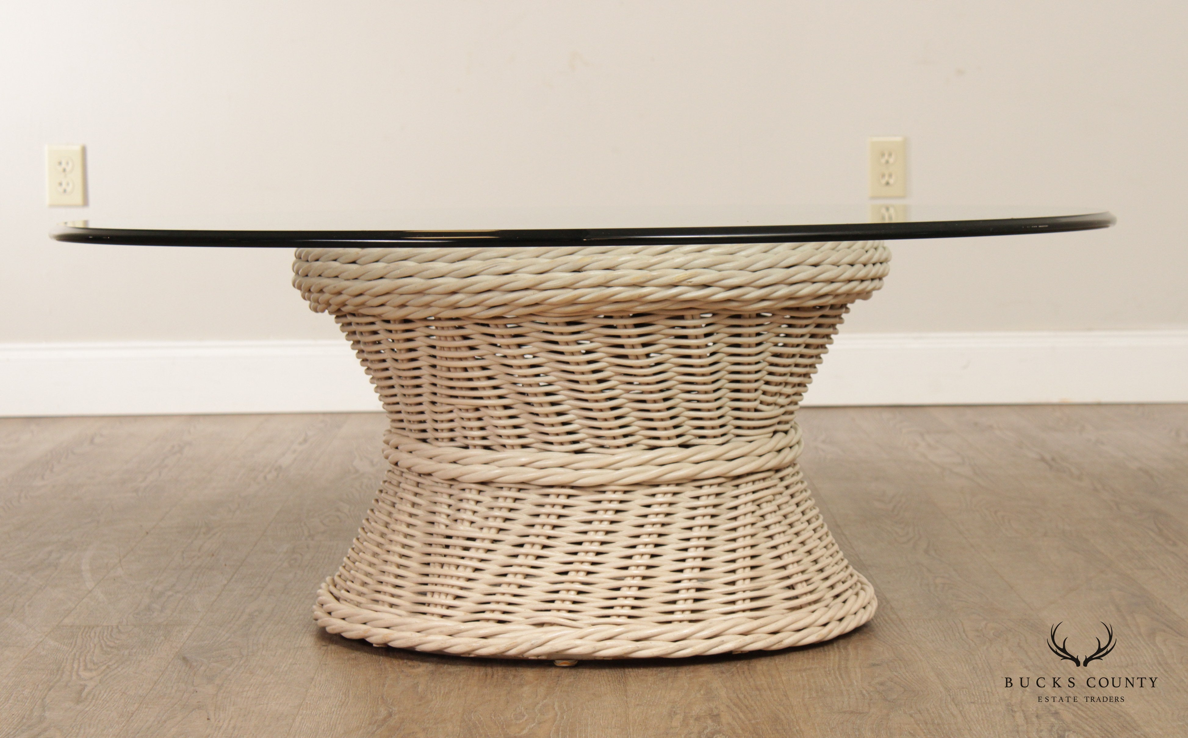 Vintage Round Wicker Rattan Glass Top Coffee Table