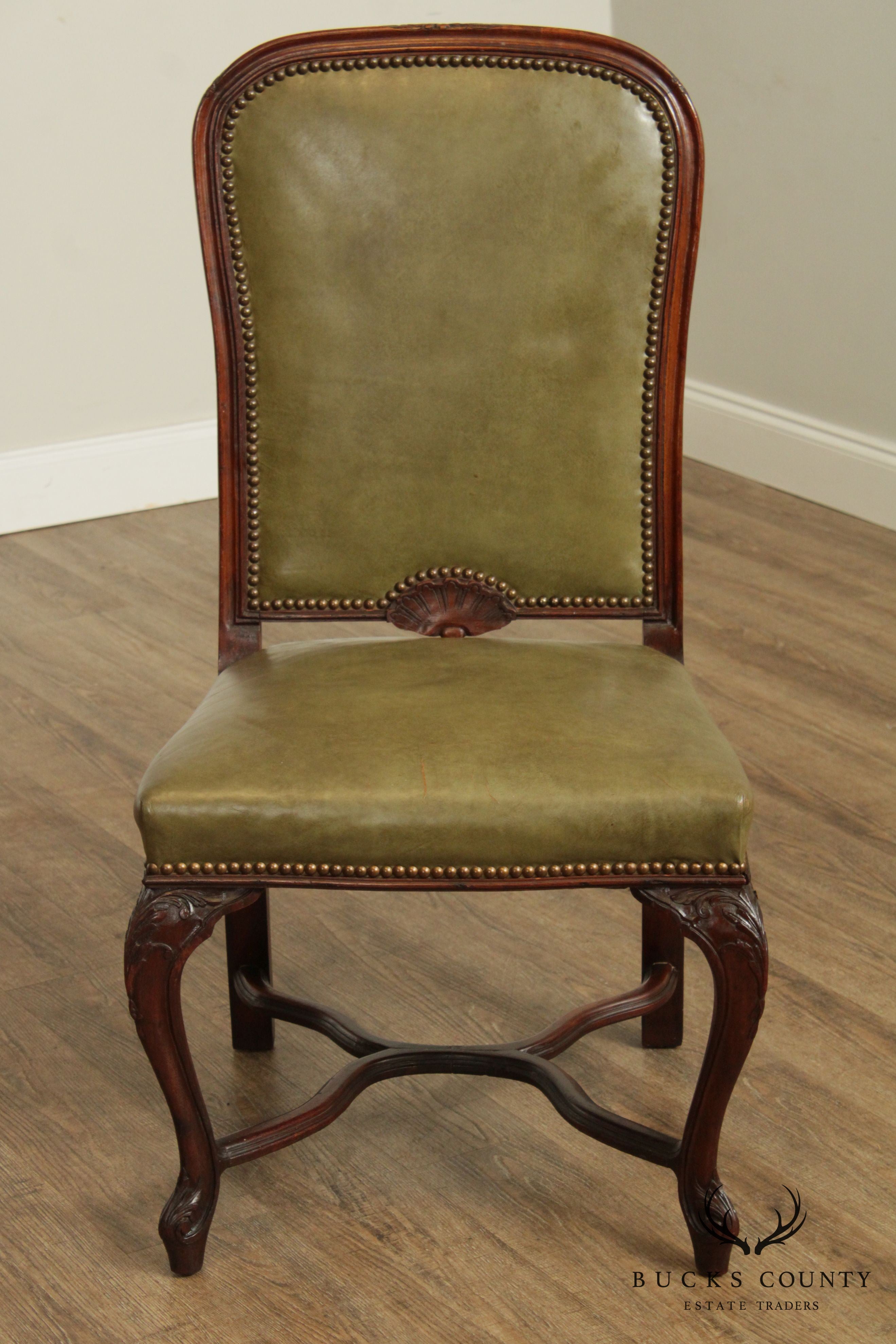 French Louis XV Style Vintage Set 5 Walnut & Green Leather Dining Chairs