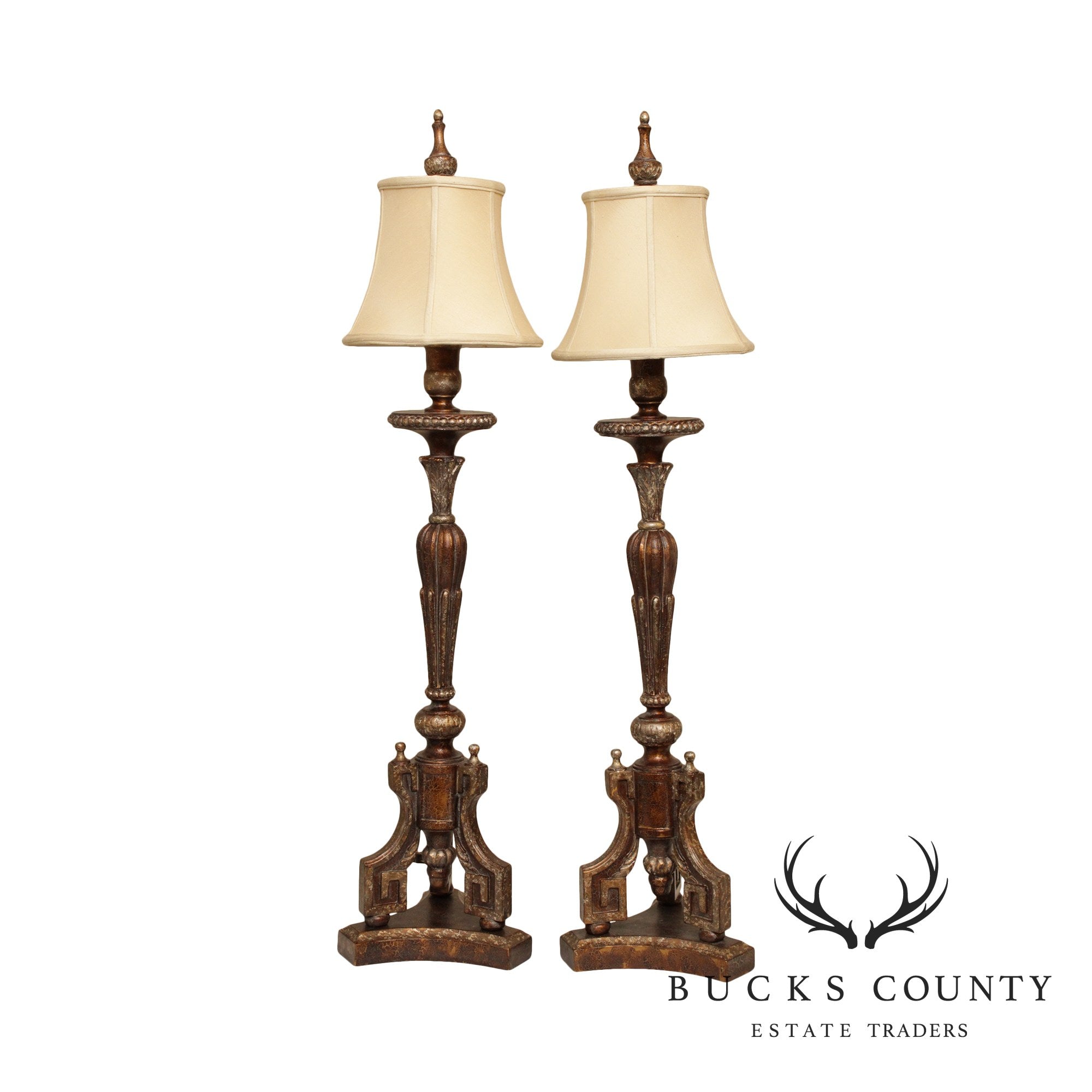 Tall Pair Neo Classical Style Polychrome Decorated Table Lamps