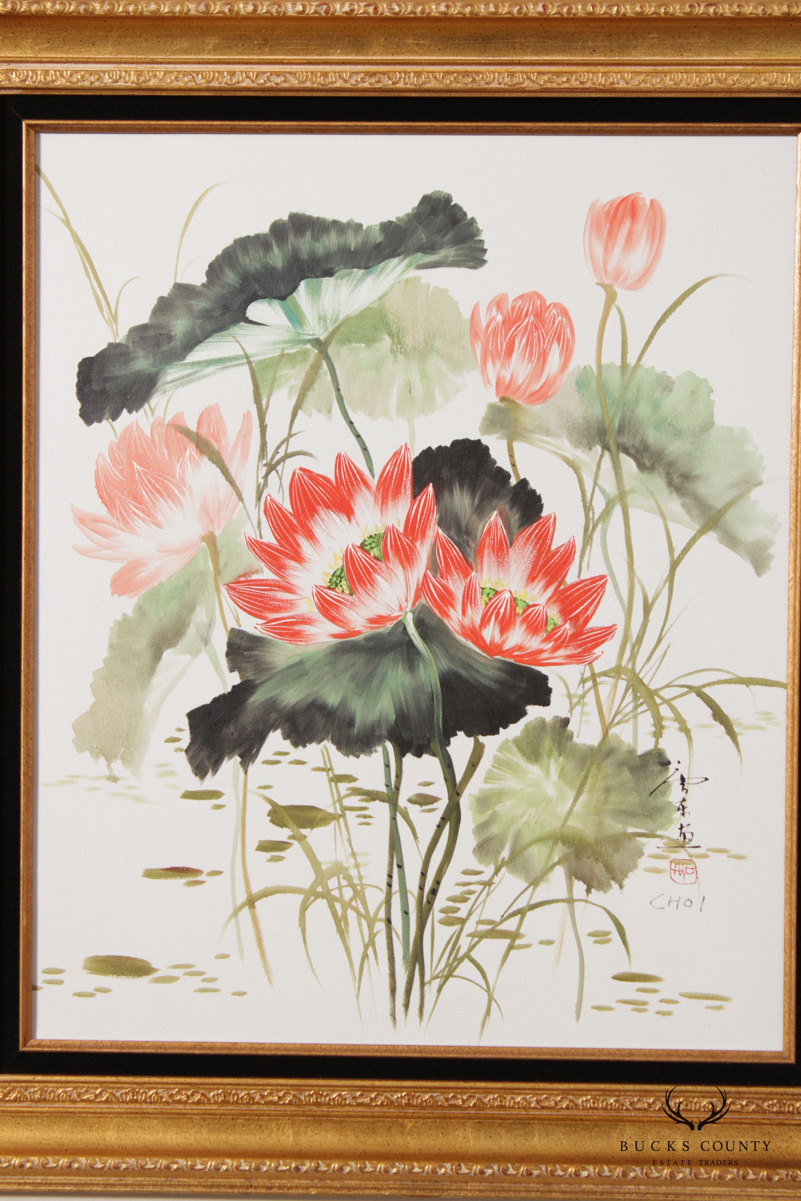 Vintage Chinese Water Lily Watercolor Painting