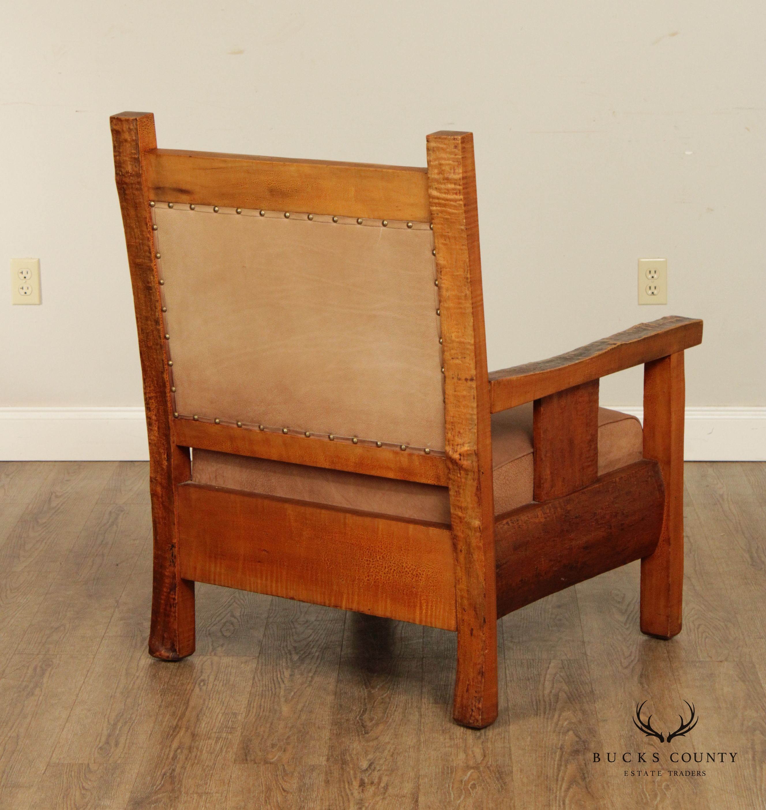 Antique Adirondack Tiger Maple and Leather Lounge Arm Chair