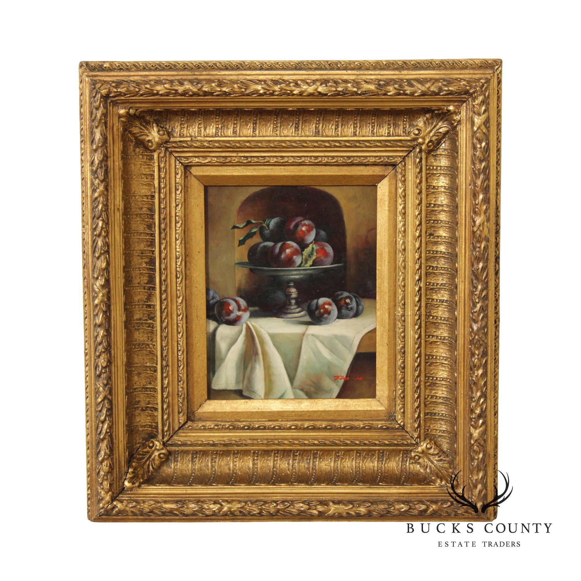 Tim Lu Still Life of Plums Framed Oil on Canvas