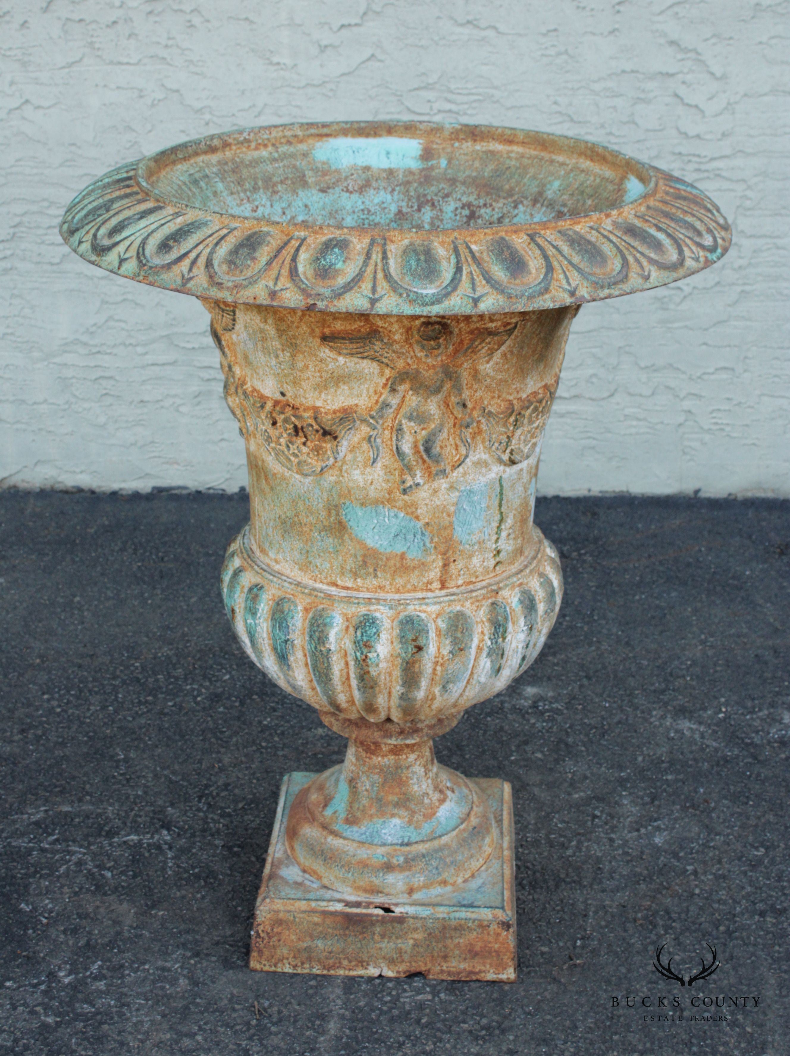 French Style Large Verdigris Cast Iron Garden Urn Planter