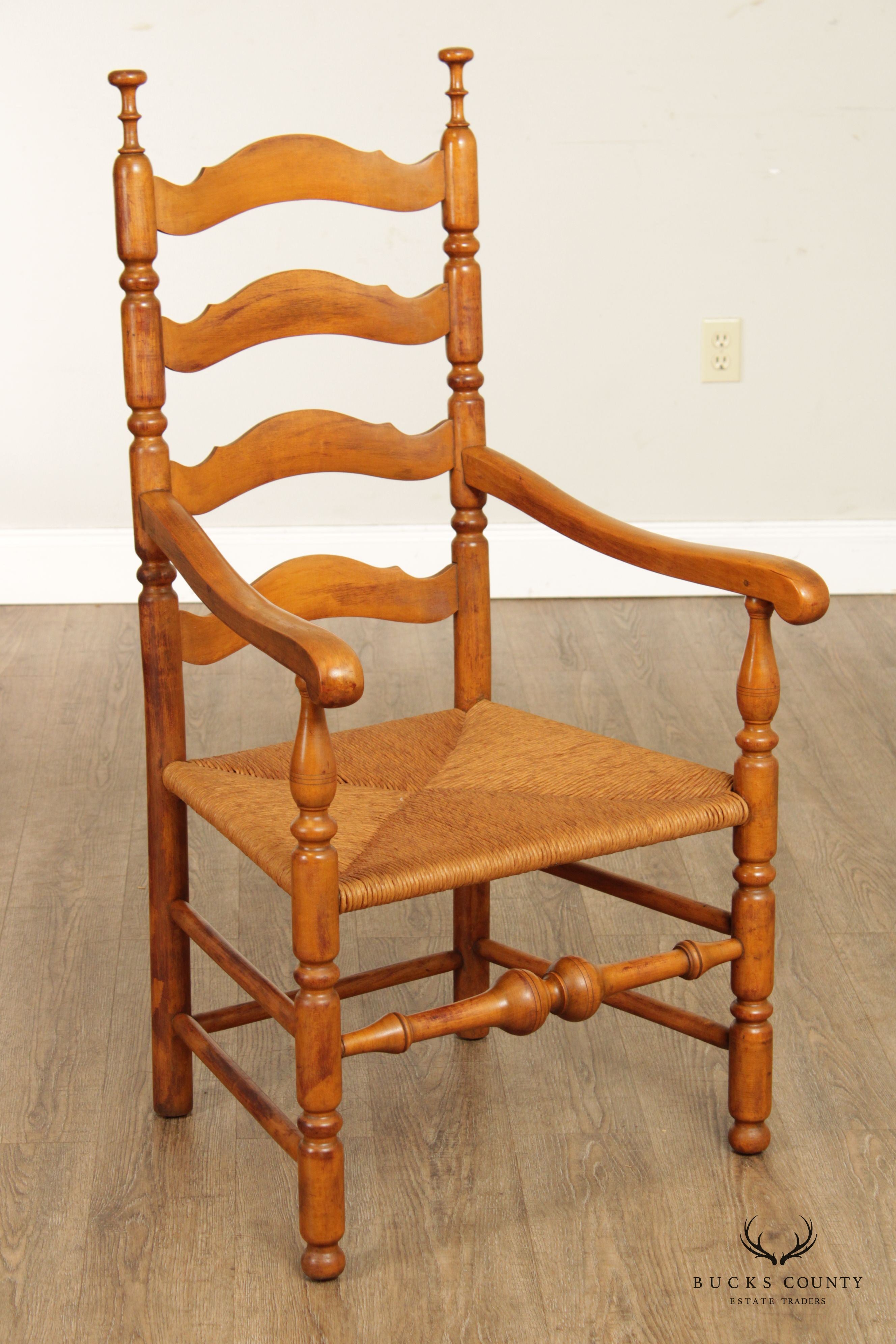 Antique Set of Four Delaware Valley Ladderback Rush Seat Armchairs