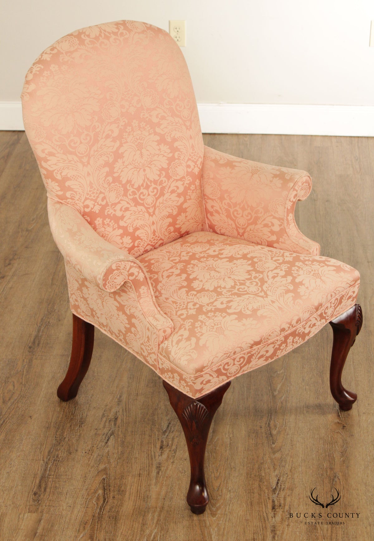 Queen Anne Style Custom Upholstered Carved Mahogany Armchair