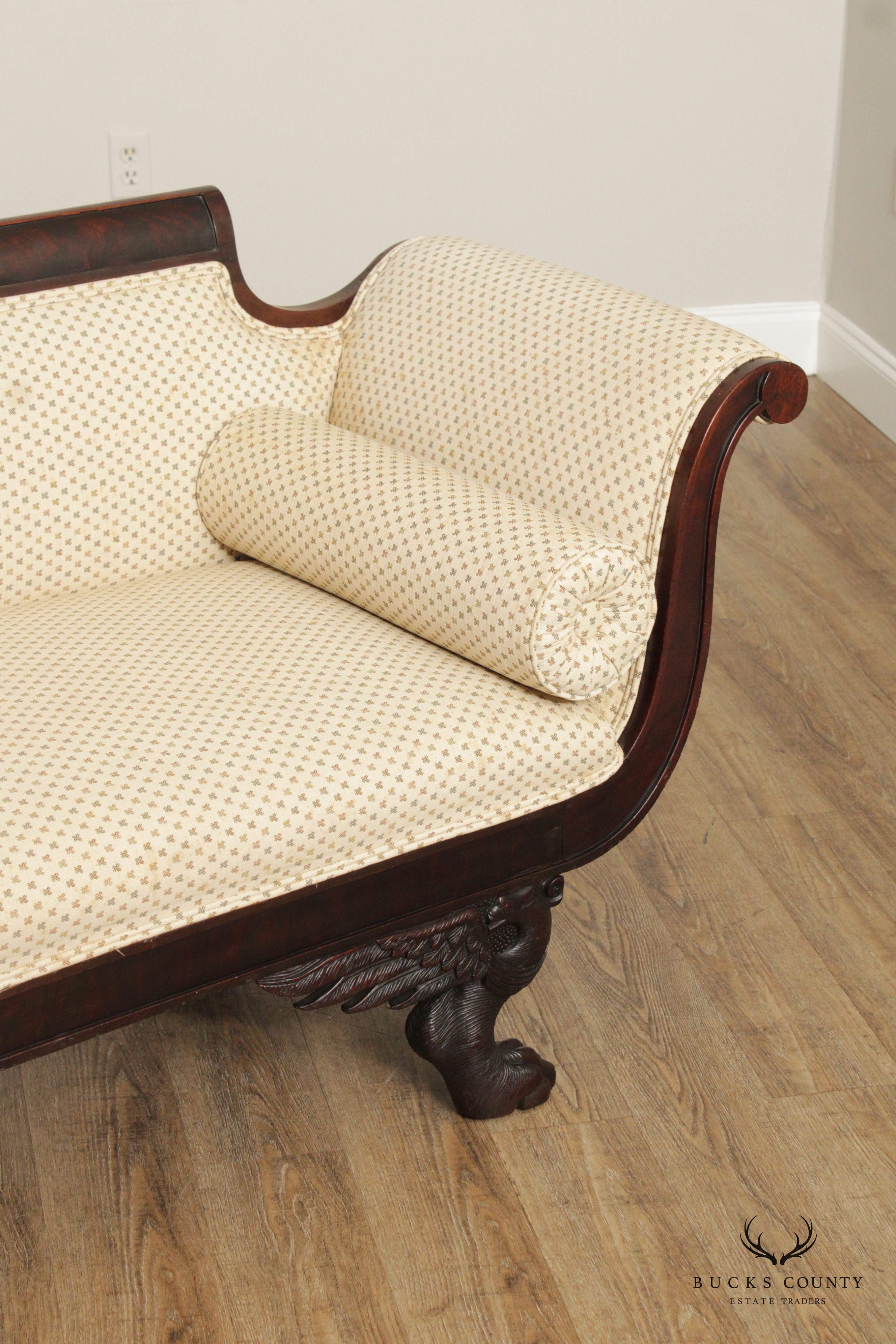 ANTIQUE AMERICAN CLASSICAL EMPIRE CARVED MAHOGANY CLAW FOOT SOFA