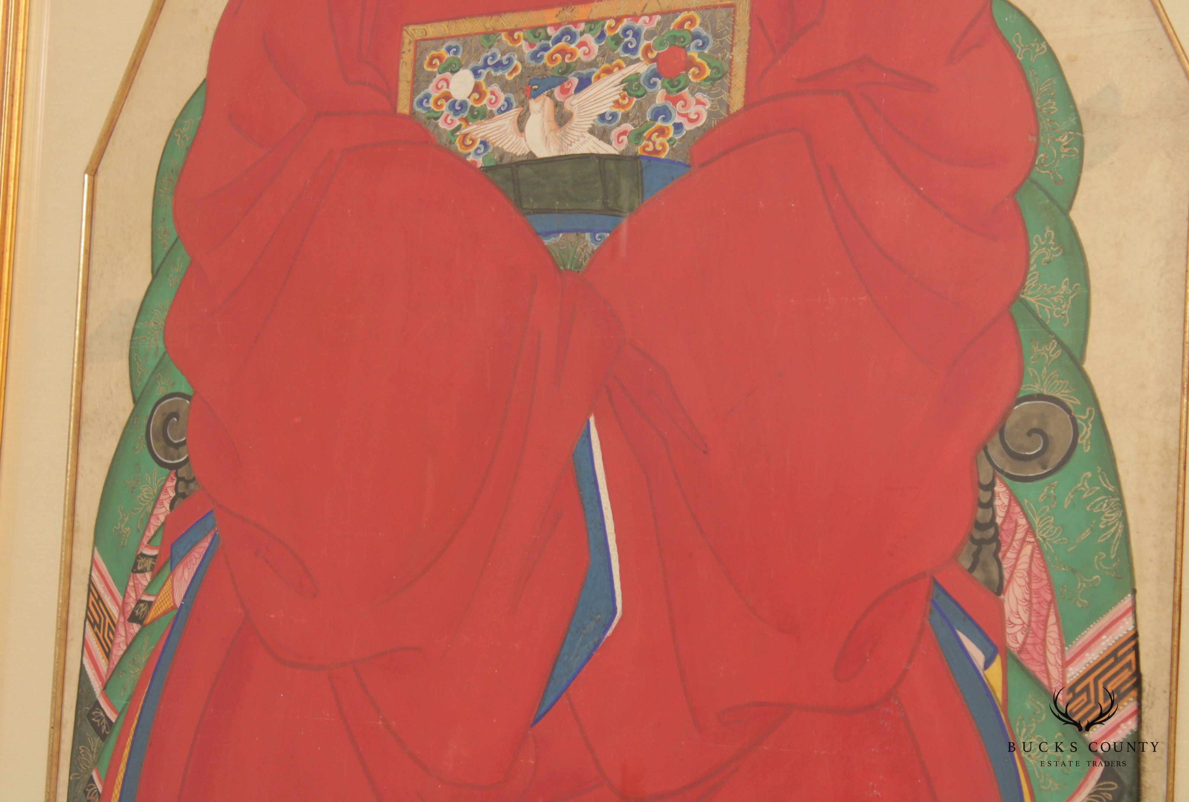 Antique Chineses Pair Ancestral Watercolor Portraits