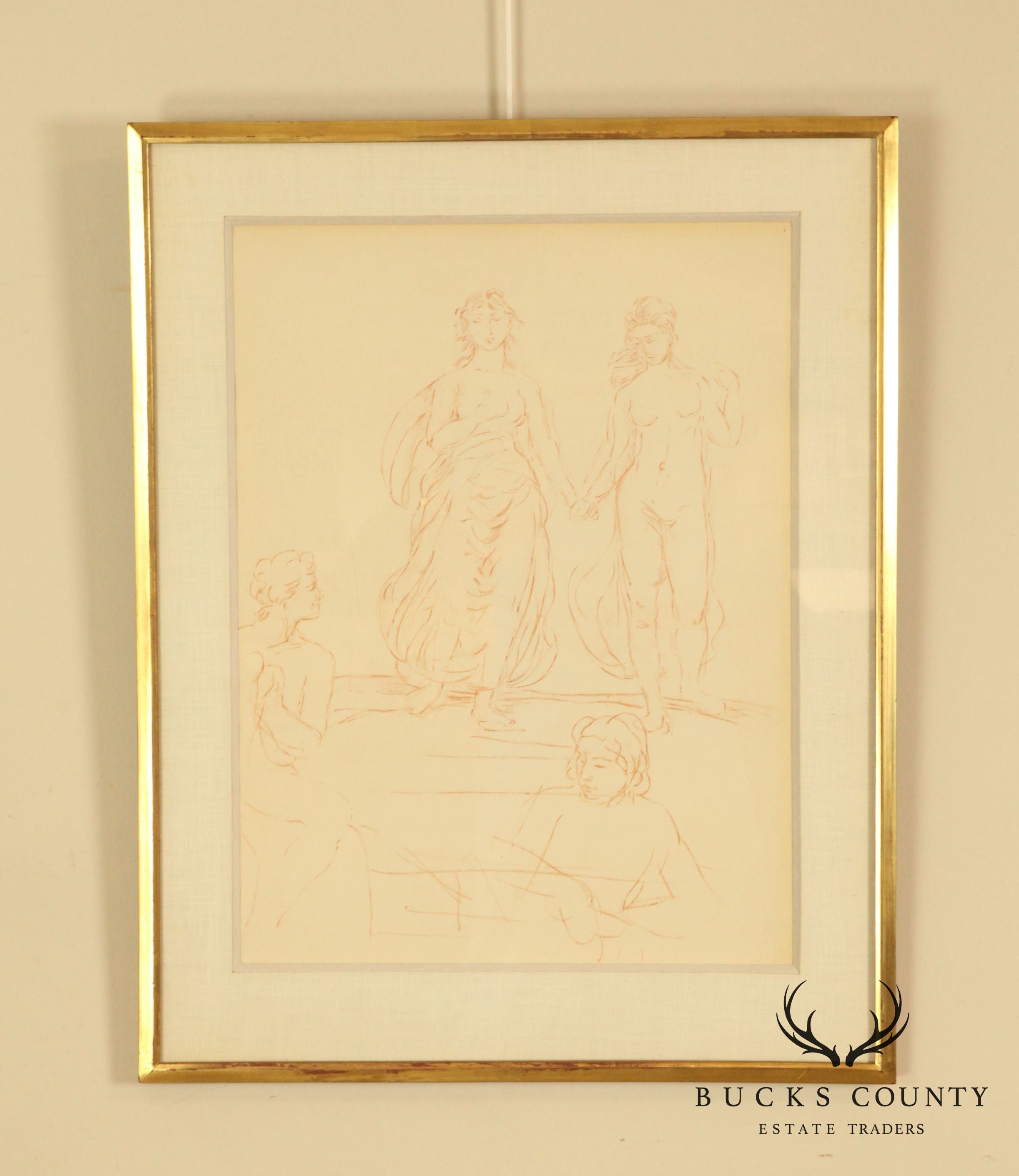 Hans Von Marees, Framed Sanguine Lithograph Artist Drawing of Women (B)