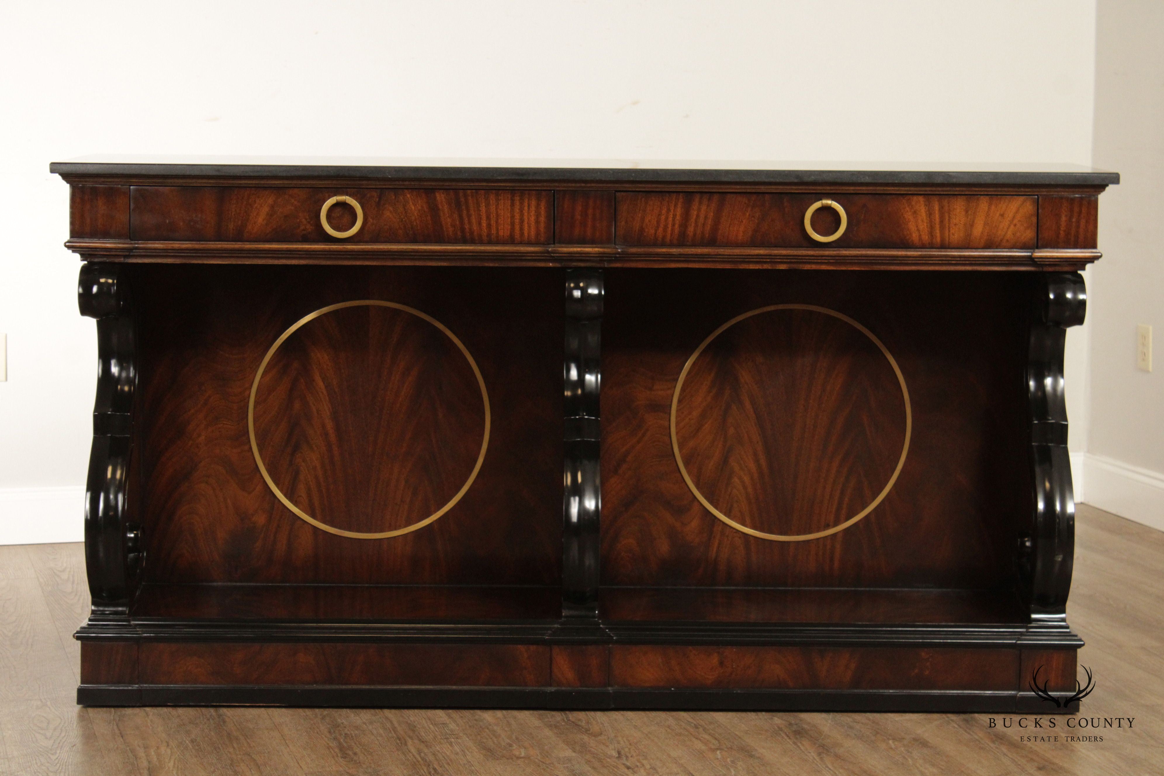 Mahogany Regency Style Granite Top Sideboard with Scroll Brackets