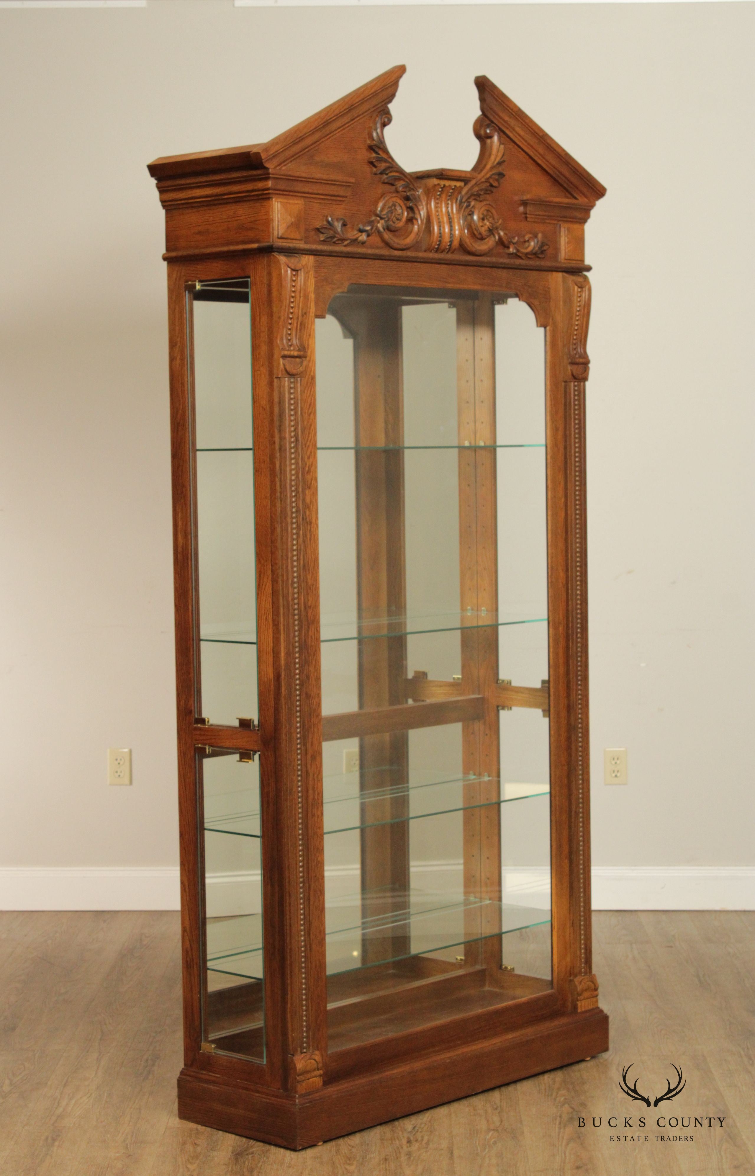 Pulaski Furniture Greek Revival Style Carved Oak Illuminated Display Cabinet