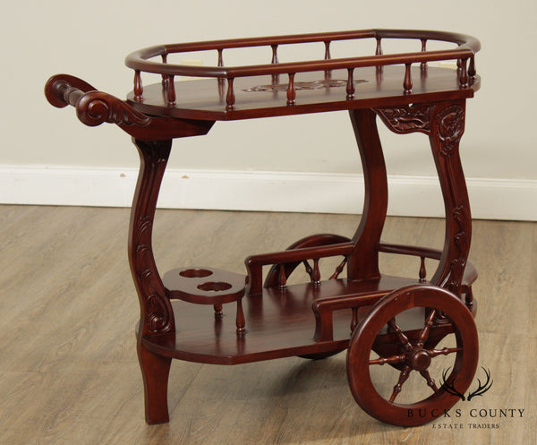 Vintage Solid Mahogany Wood Carved Tea Cart