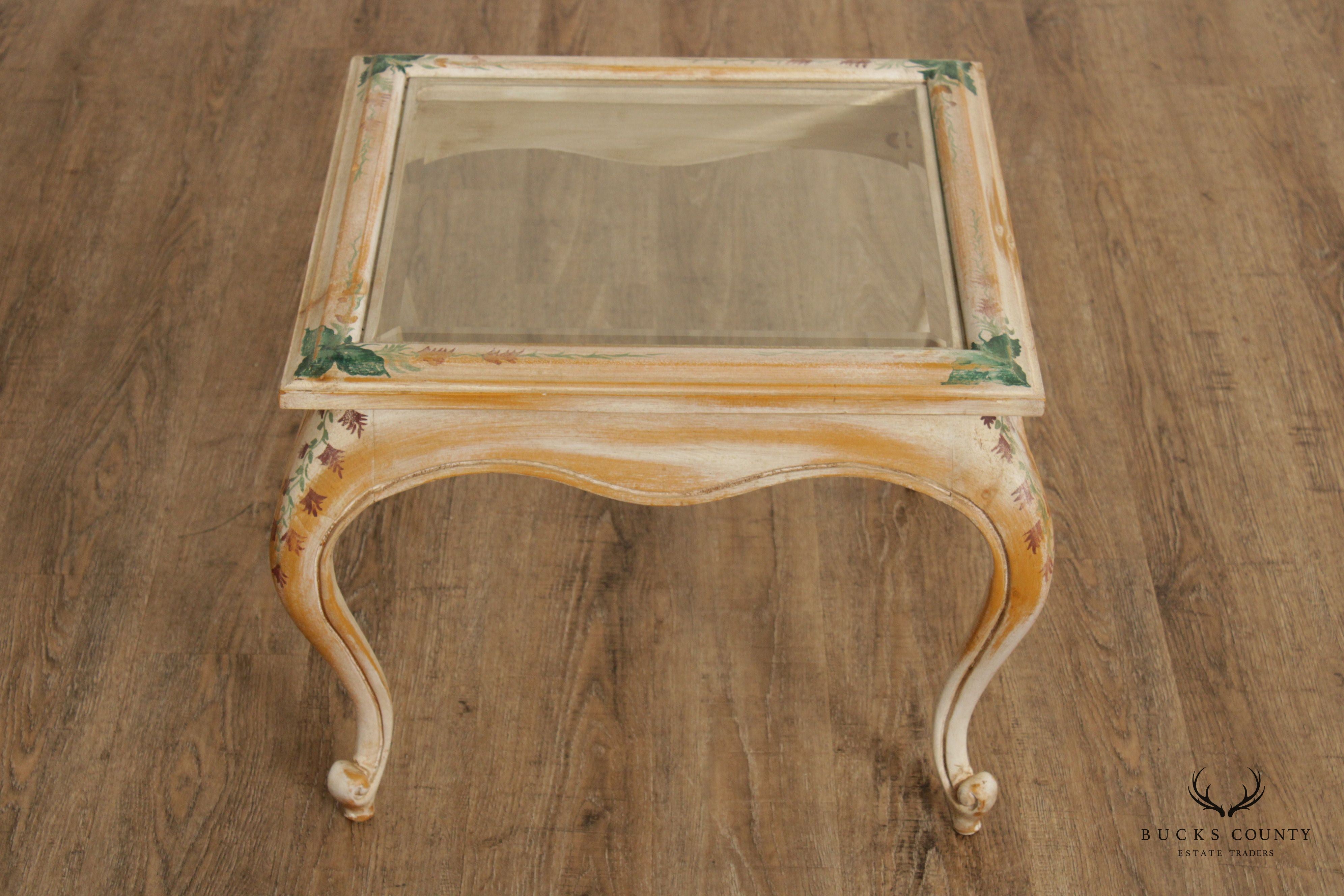 French Style Pair Paint Decorated Glass Top End Tables