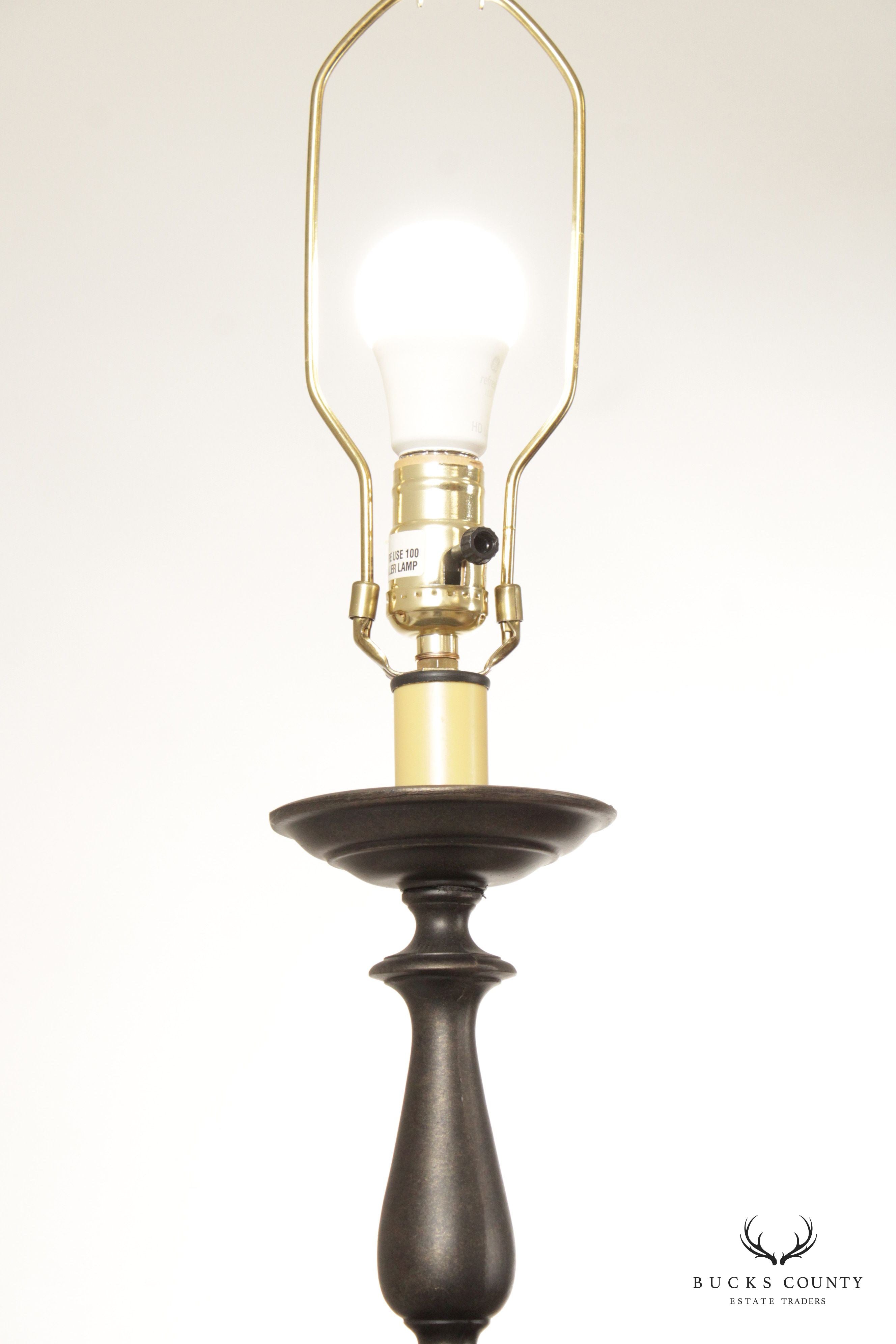 Baroque Style Pair Tall Cast Bronzed Metal Candlestick Lamps with Custom Feather Shades