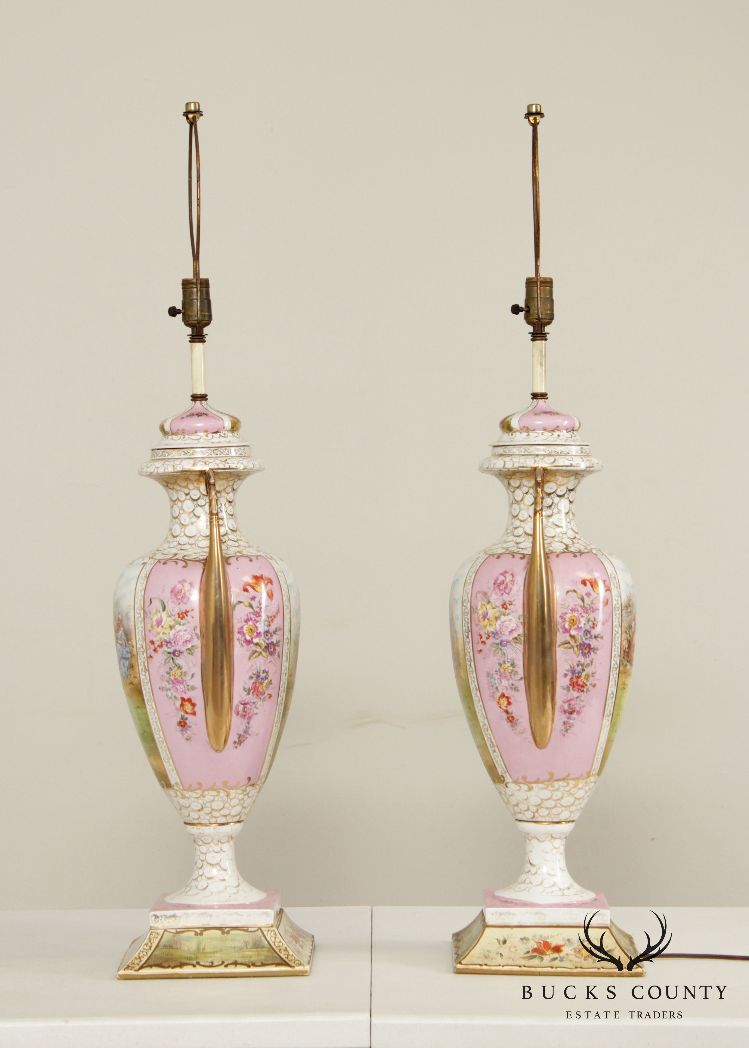 Louis XVI Style Hand Painted Porcelain Urn Form Pair Table Lamps