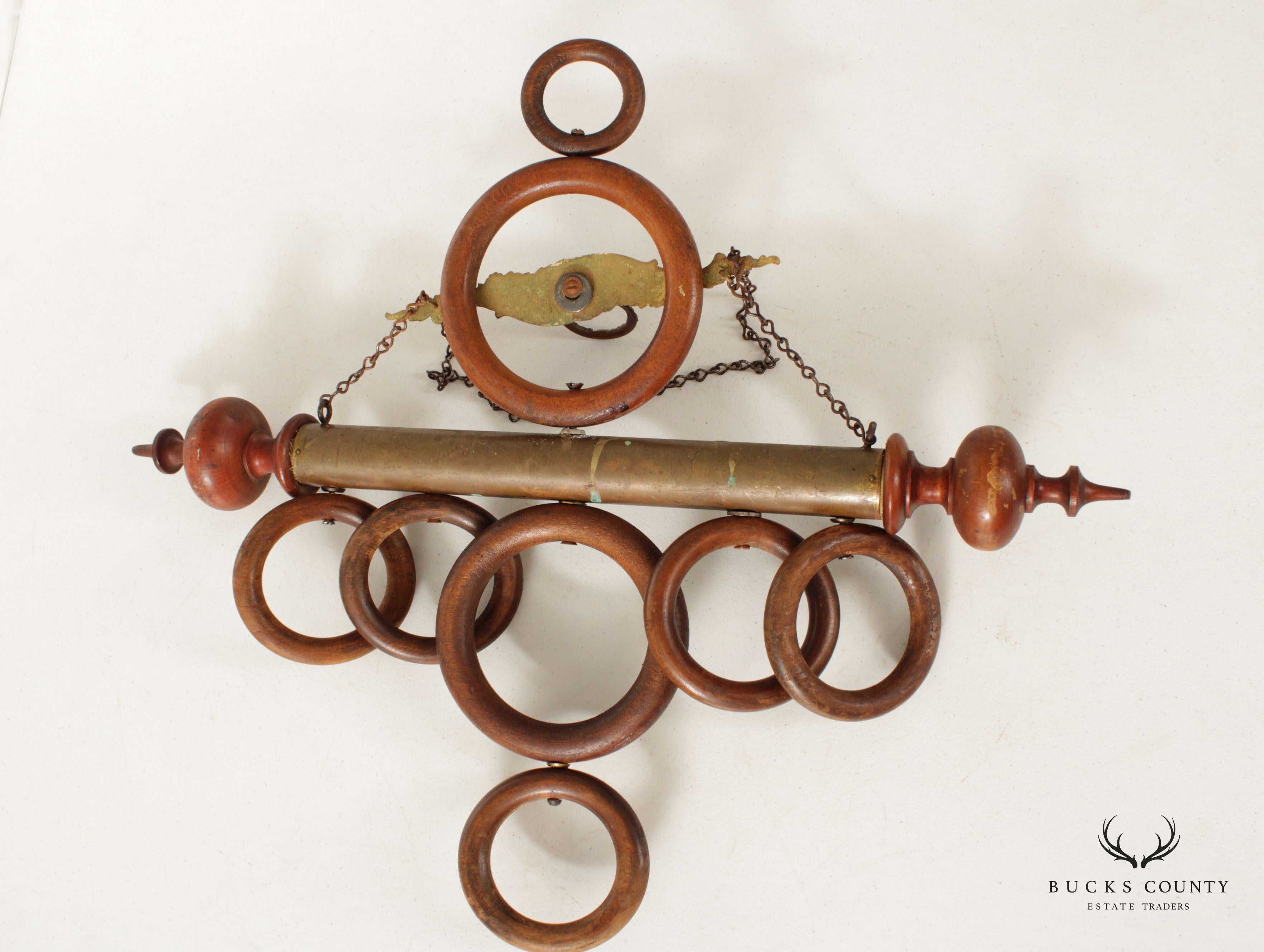 Antique Victorian Wood Rings and Brass Hanging Towel Rack