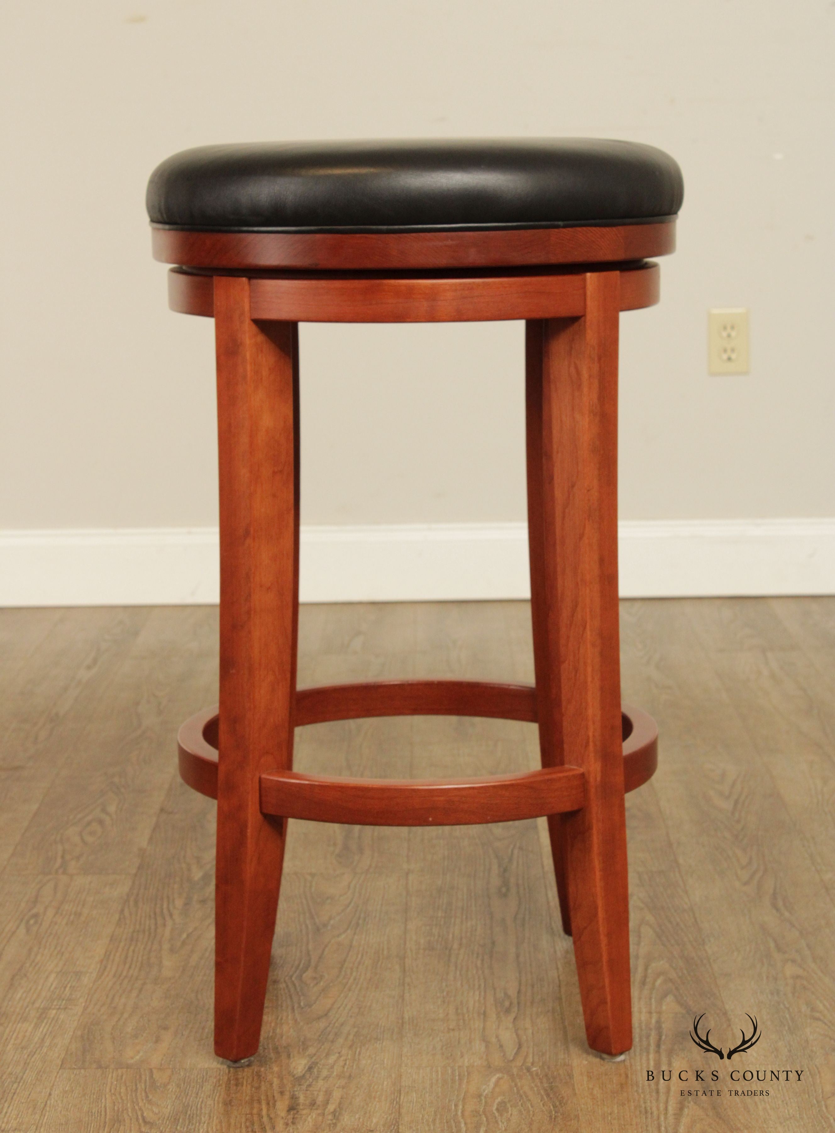 Zimmerman Chair Shop Pair of Leather Upholstered Cherry 'Milano' Swivel Bar Stools
