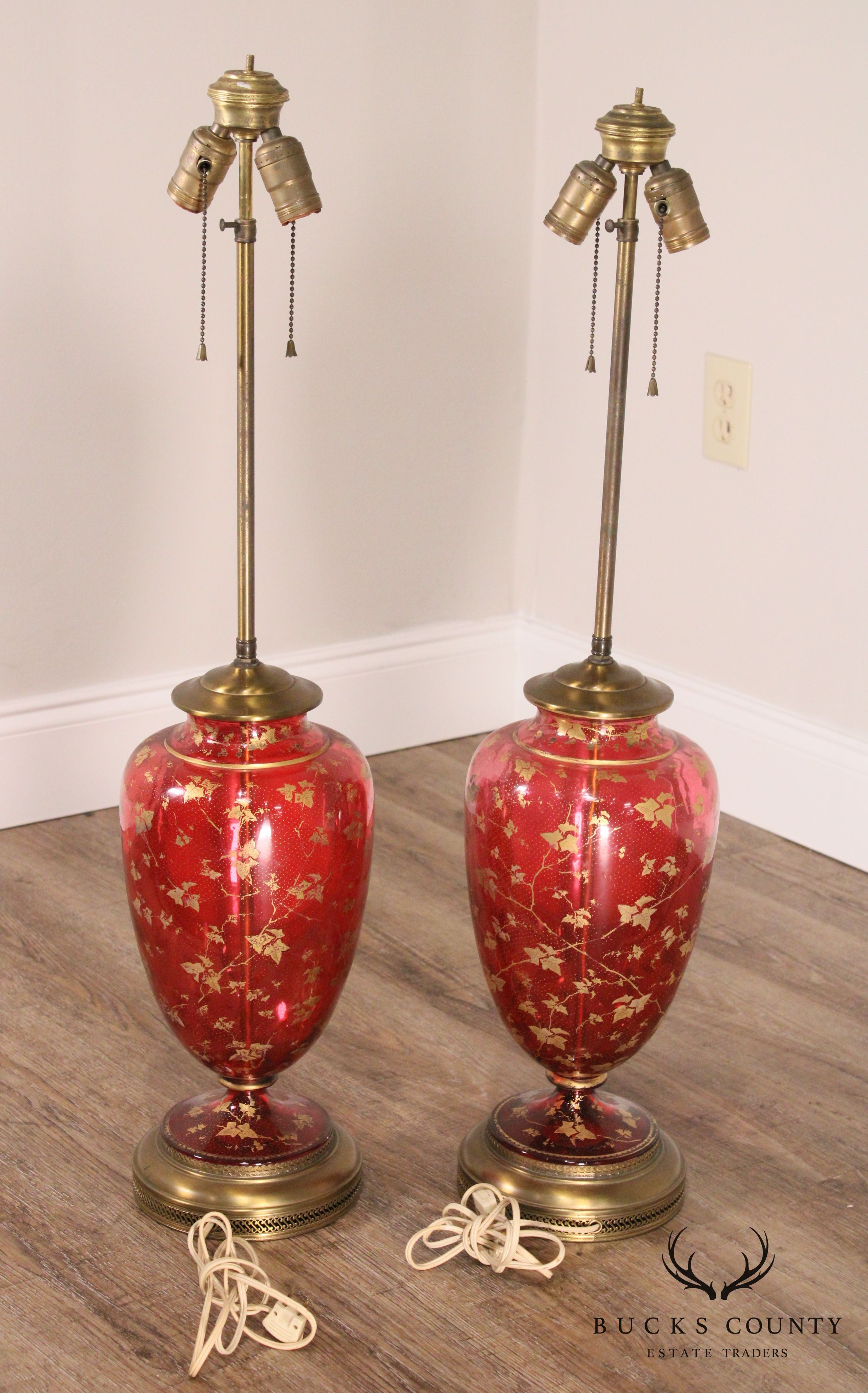 Pair Large Bohemian Red Glass Vase Lamps Overlaid with Gilt Ivy and Decoration