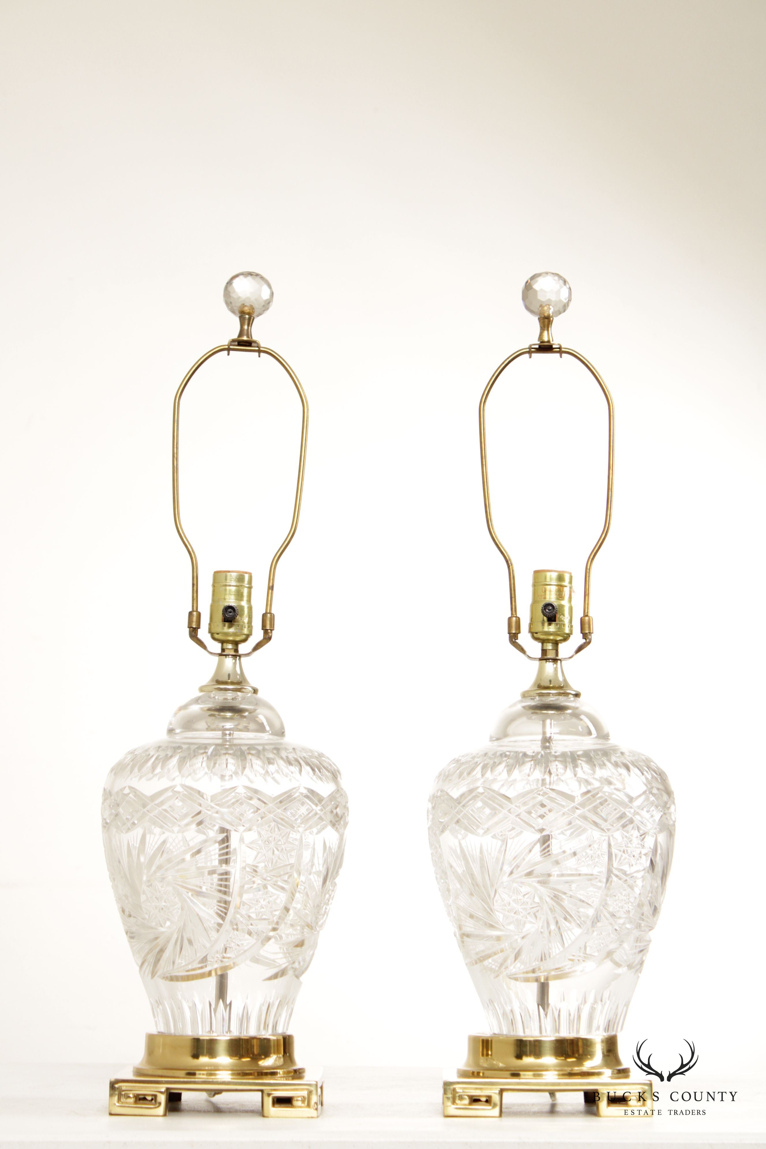 Vintage Pair of Brass and Cut Glass Vasiform Table Lamps