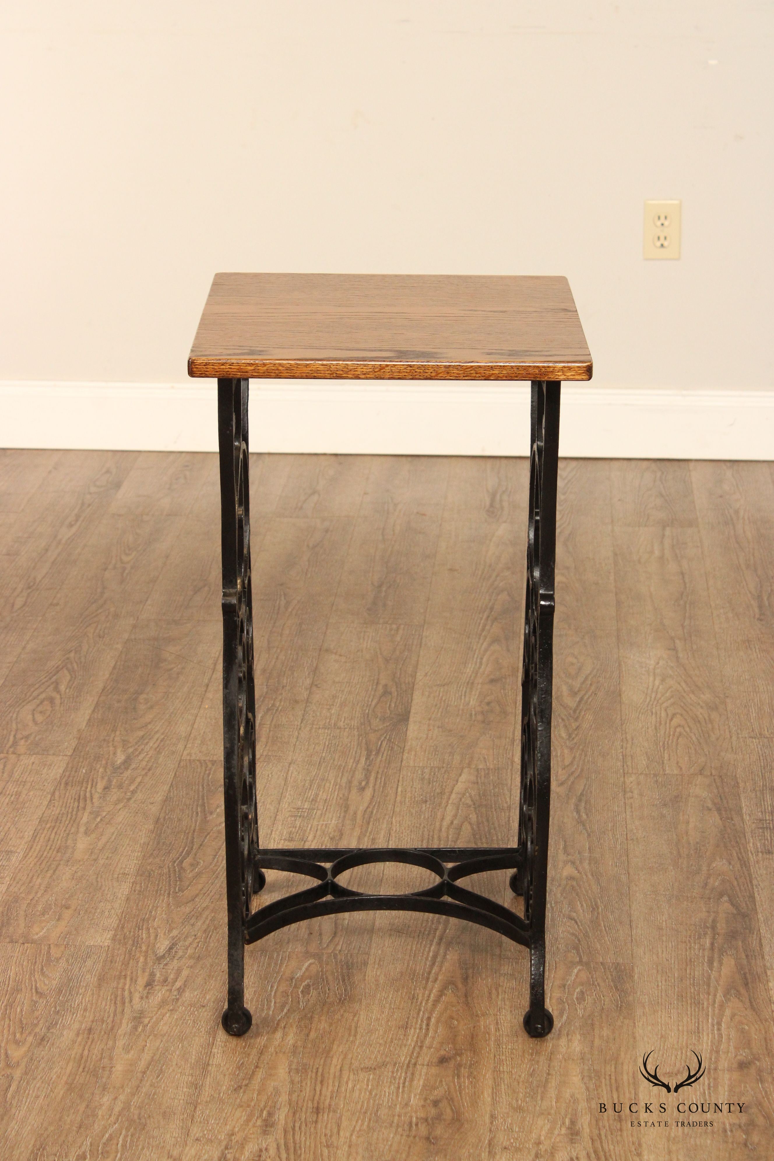 Antique Victorian Style Iron Base Oak Top Side Table