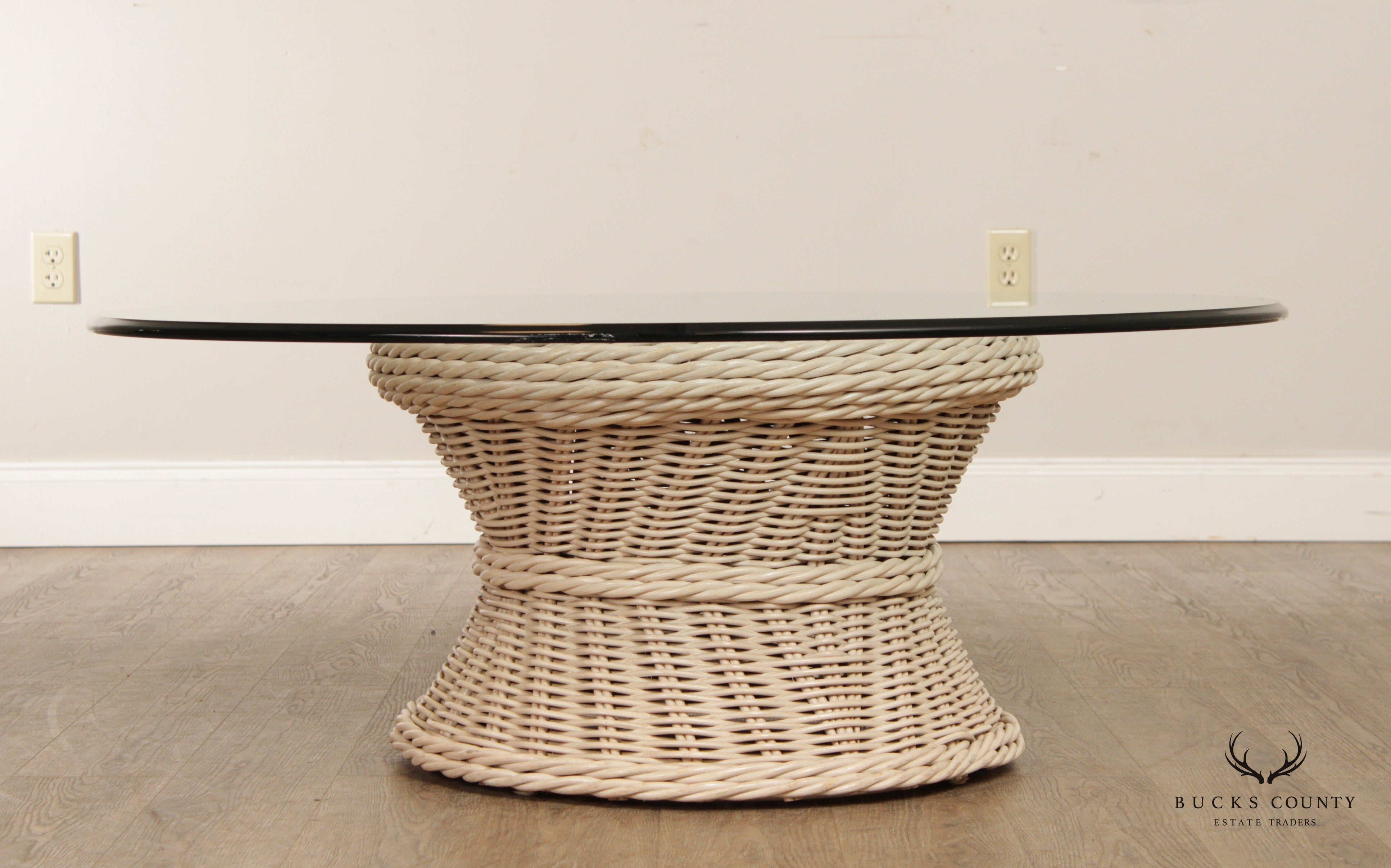 Vintage Round Wicker Rattan Glass Top Coffee Table