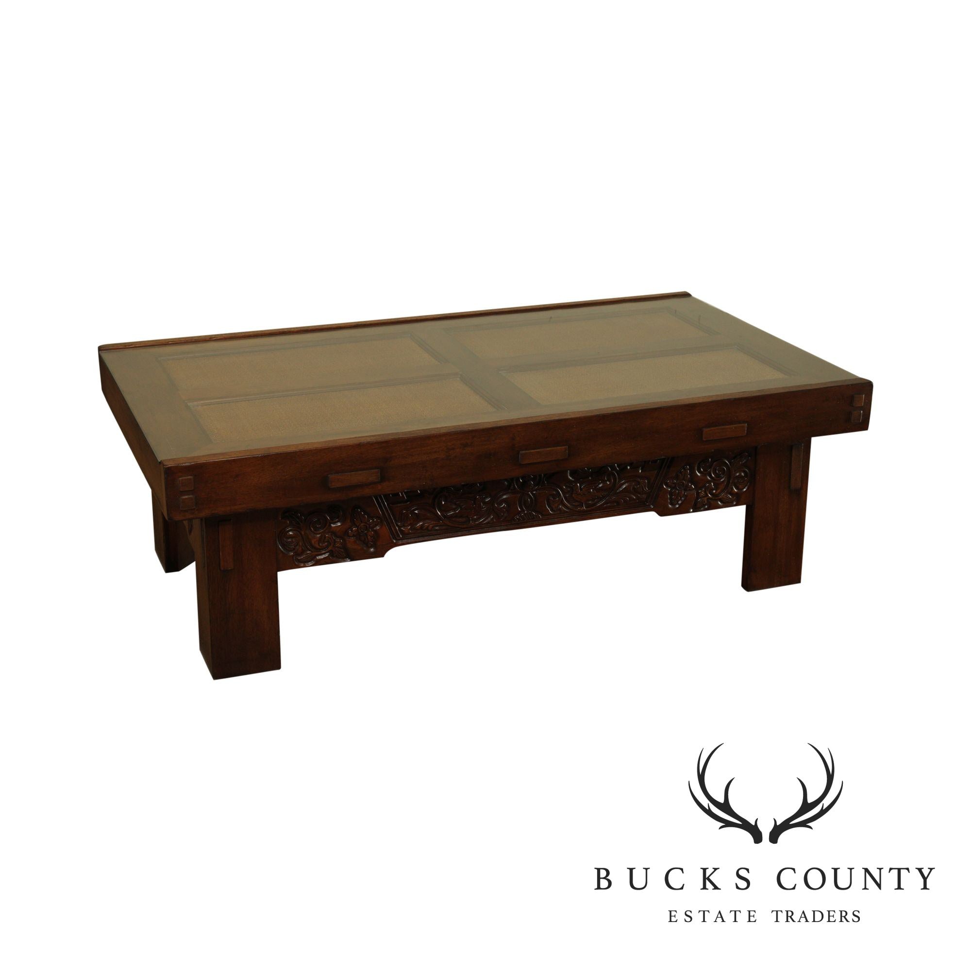 Drexel Heritage Large Carved Base Rattan Glass Top Coffee Table