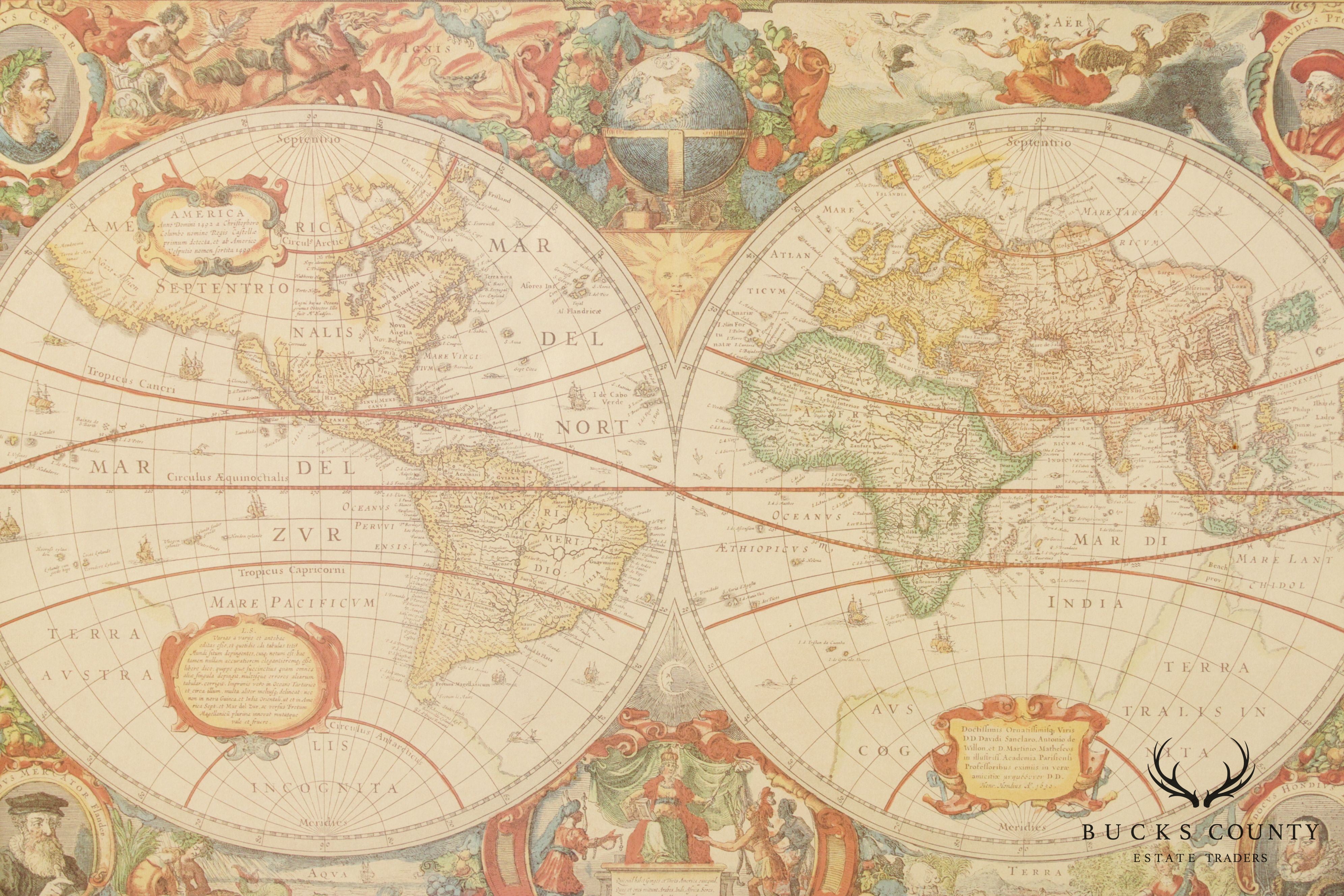 Henricus Hondius Reproduction World Map, 1630 in Giltwood Frame