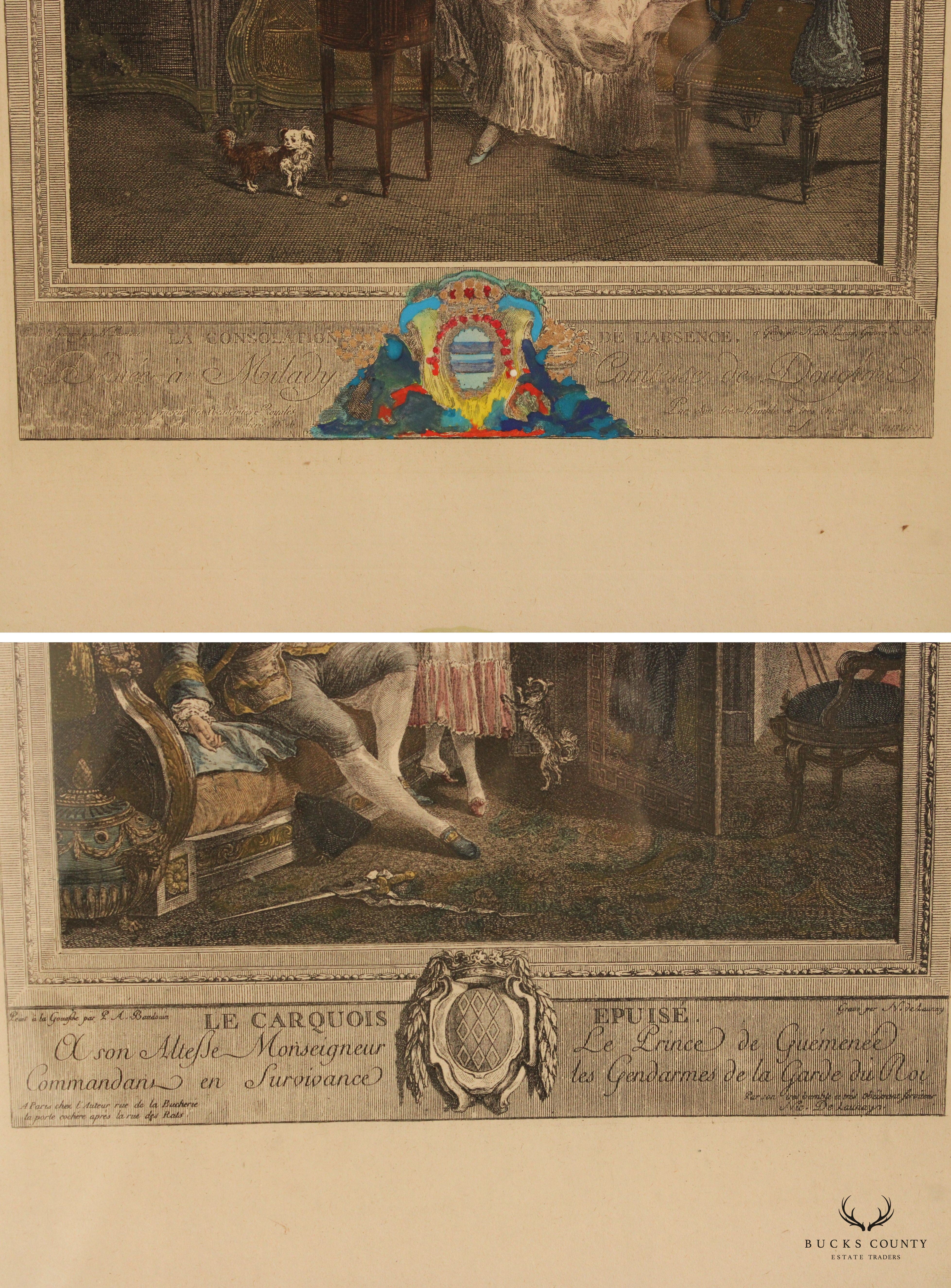 Antique French Pair Colored Engravings, After Nicolas de Launay