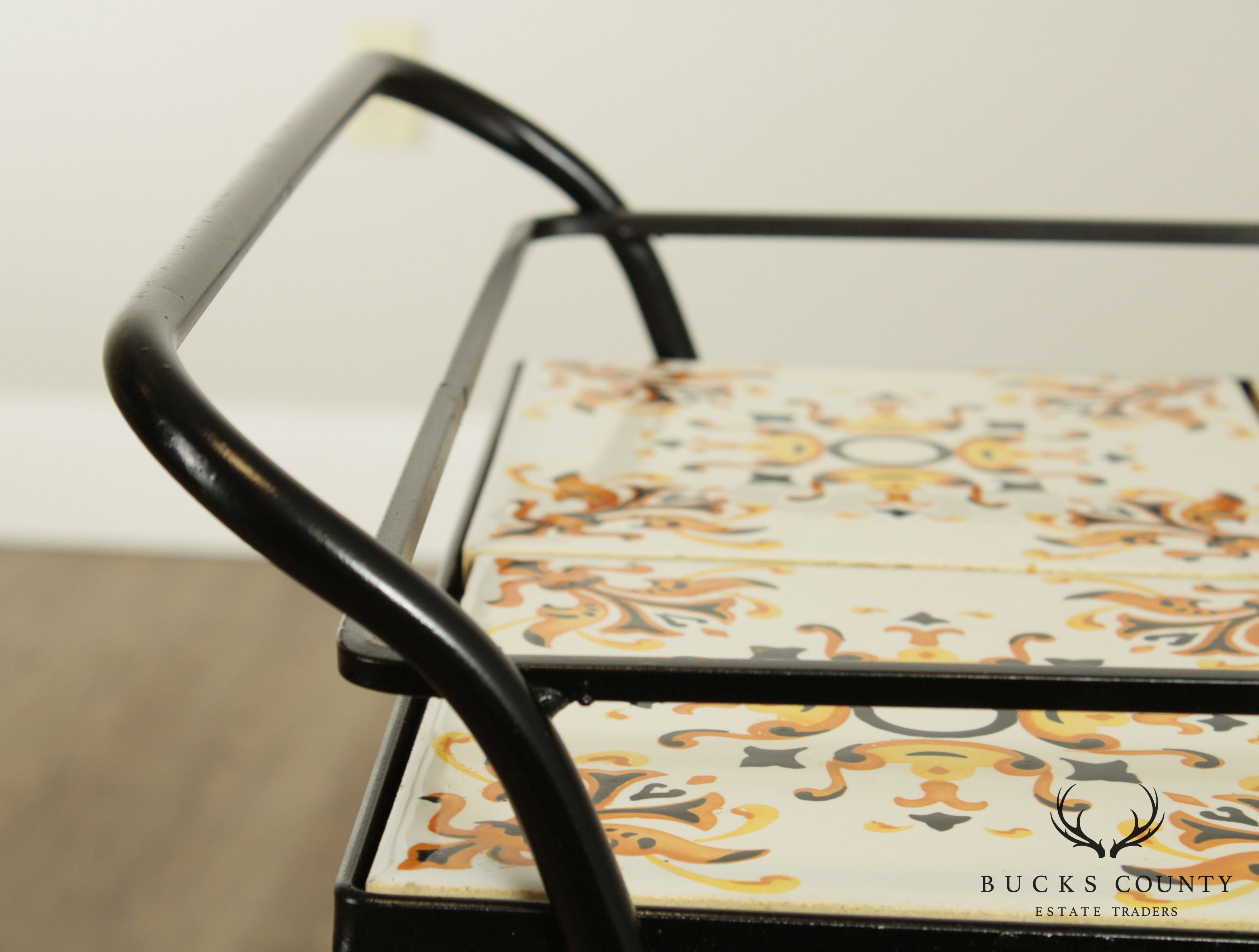 Mid-Century Modern Wrought Iron Tile Top Serving Cart, Trolly