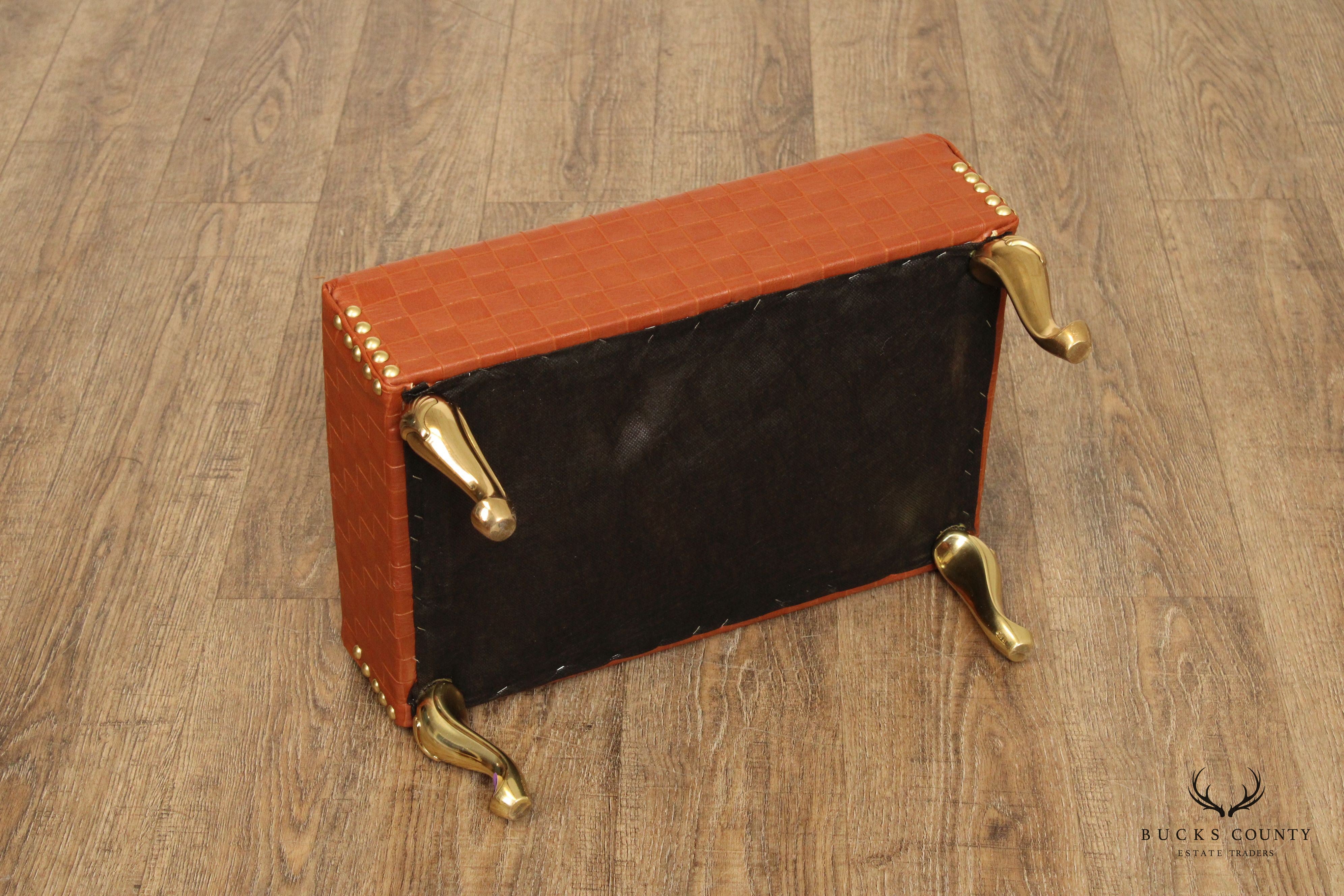 Italian Hollywood Regency Pair of Brass and Leather Foot Stools