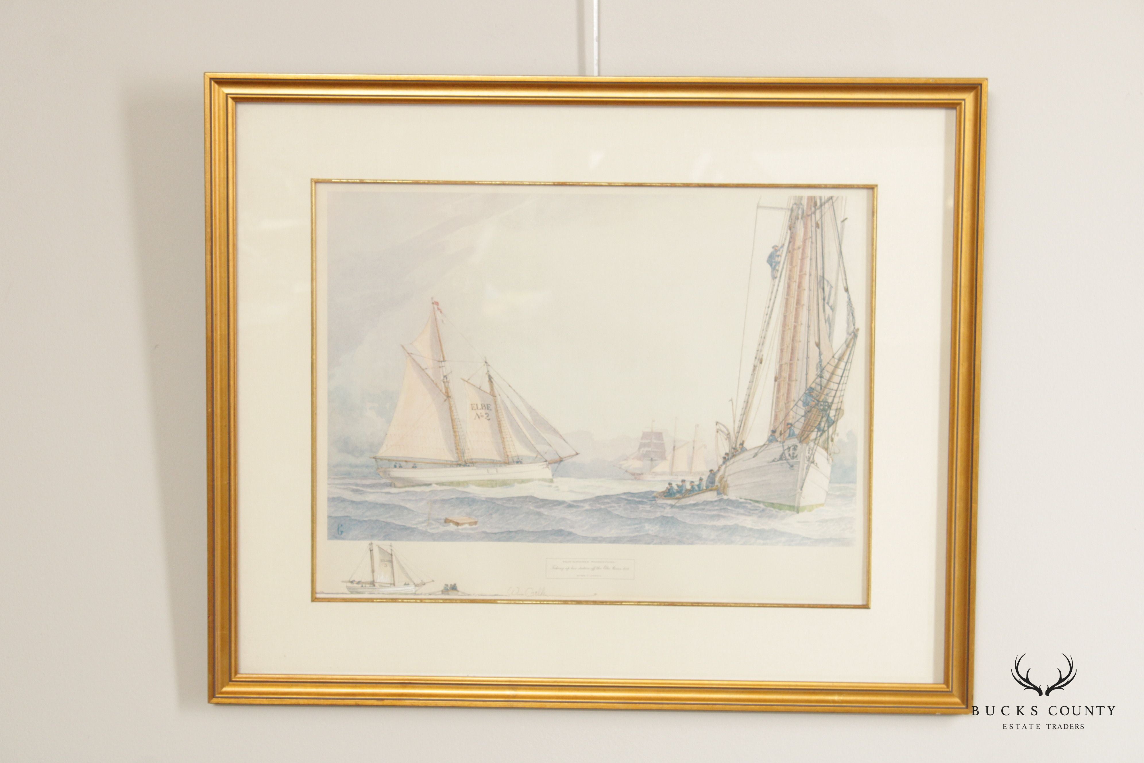 William Gilkerson 'Pilot Schooner Wandervogel' Maritime Watercolor, Custom Framed
