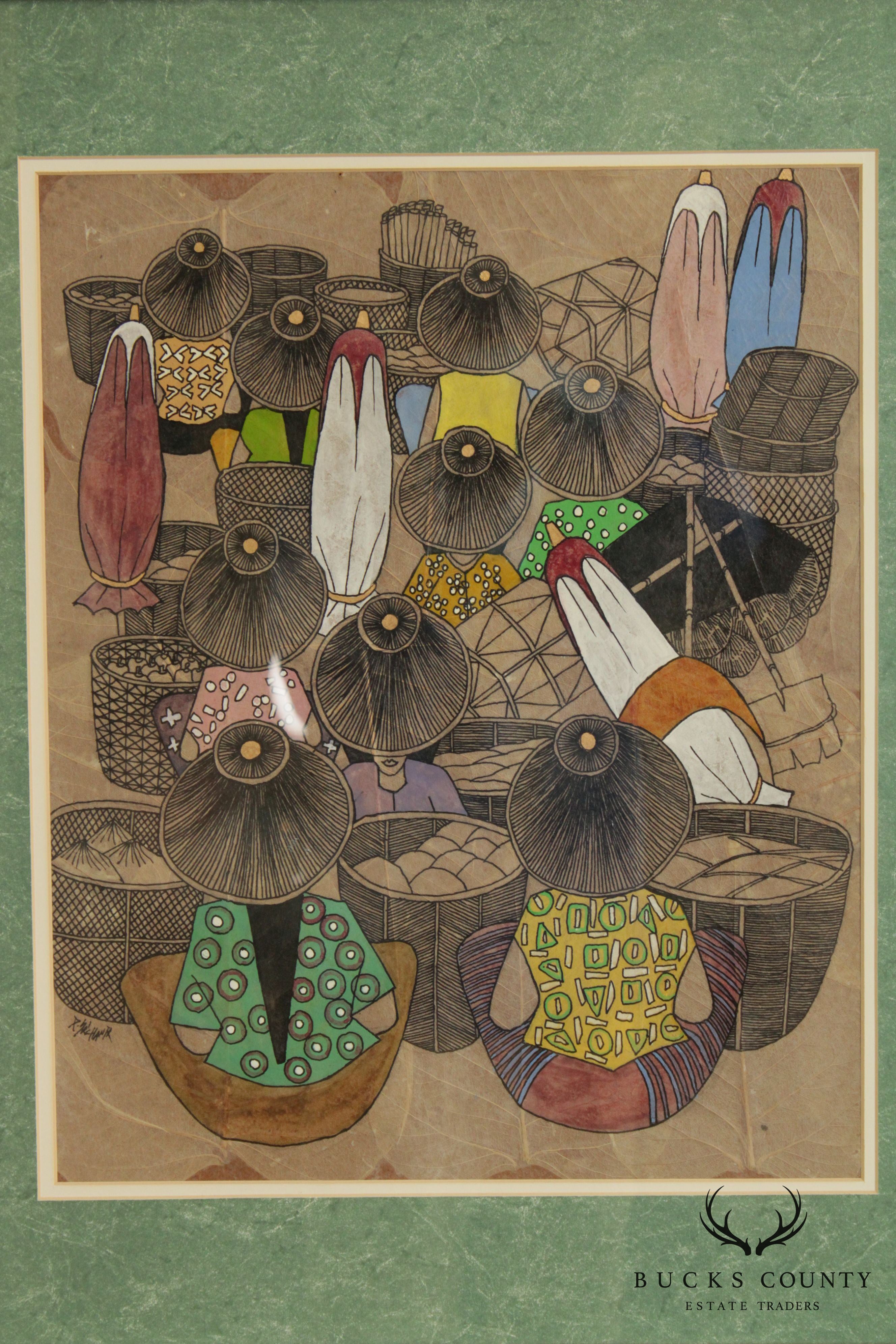 Vintage Thailand Market Original Mixed Media Drawing, Signed