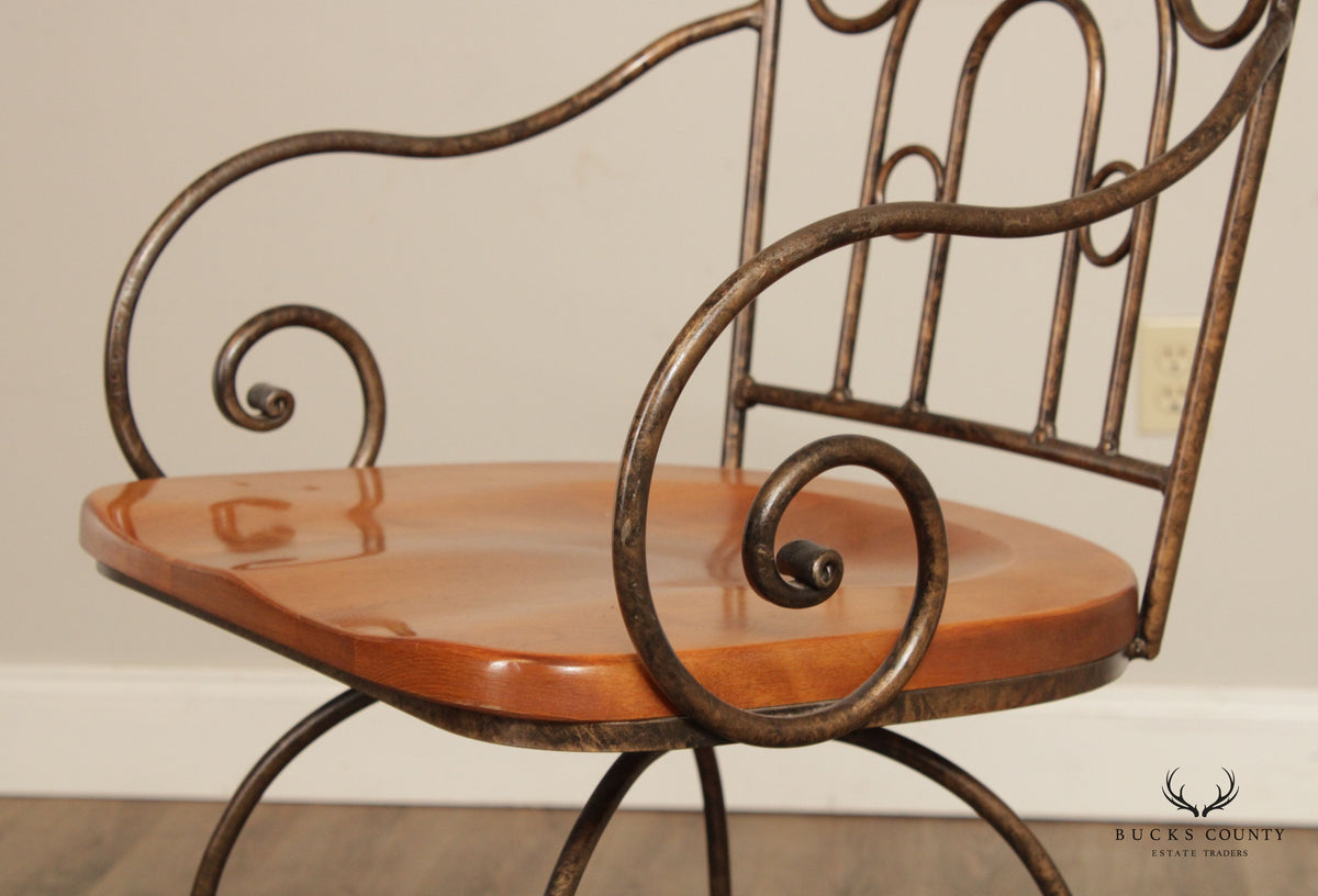 Tuscan Style Set Of 3 Wrought Iron and Wood Swivel Counter Stools
